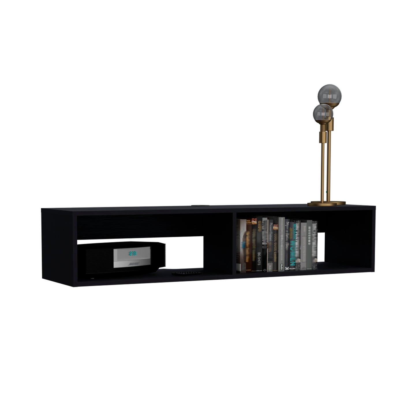 Sleek black floating entertainment center with open shelving holding books and media player