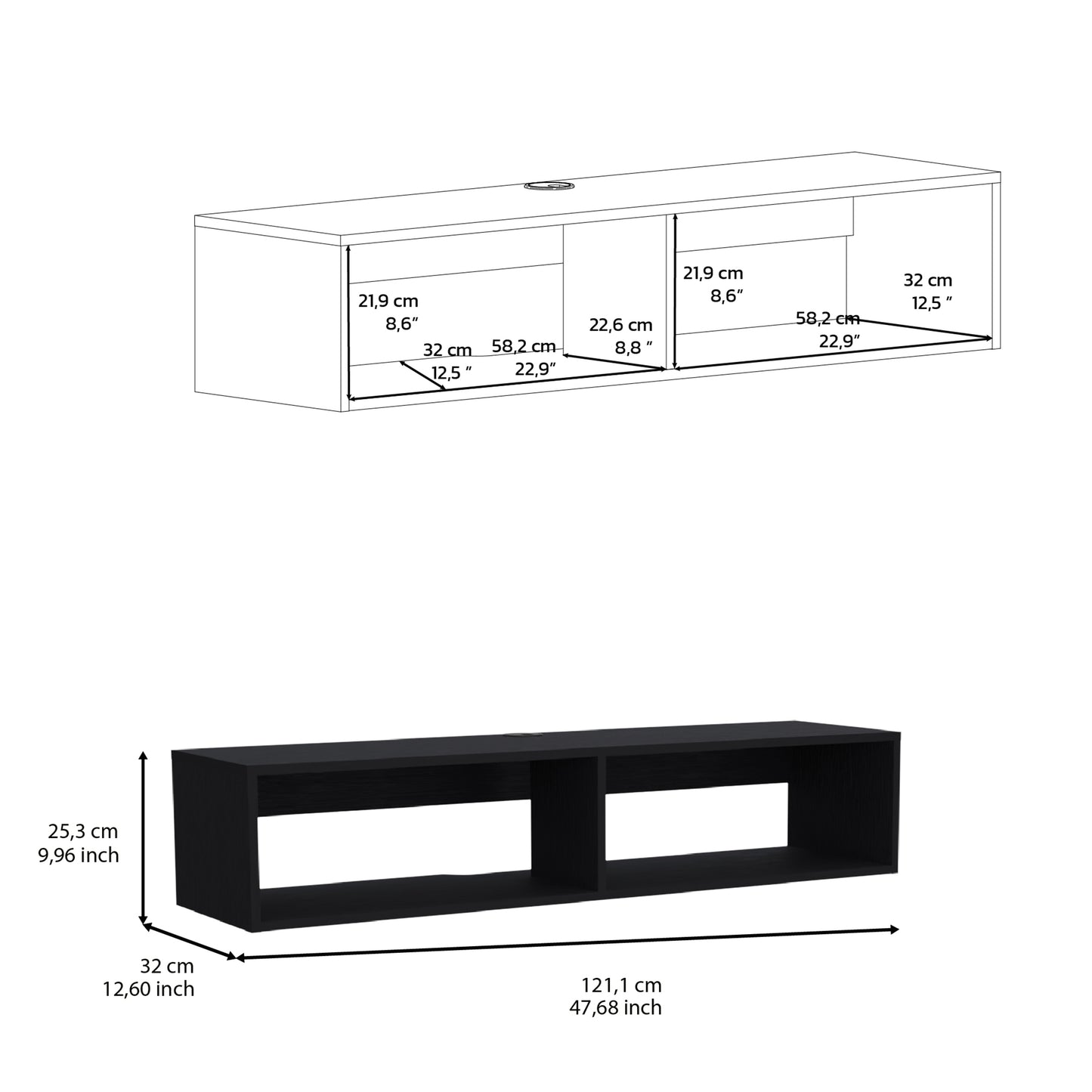Black wallmounted media console with two open shelves dimensions  x  x  cm