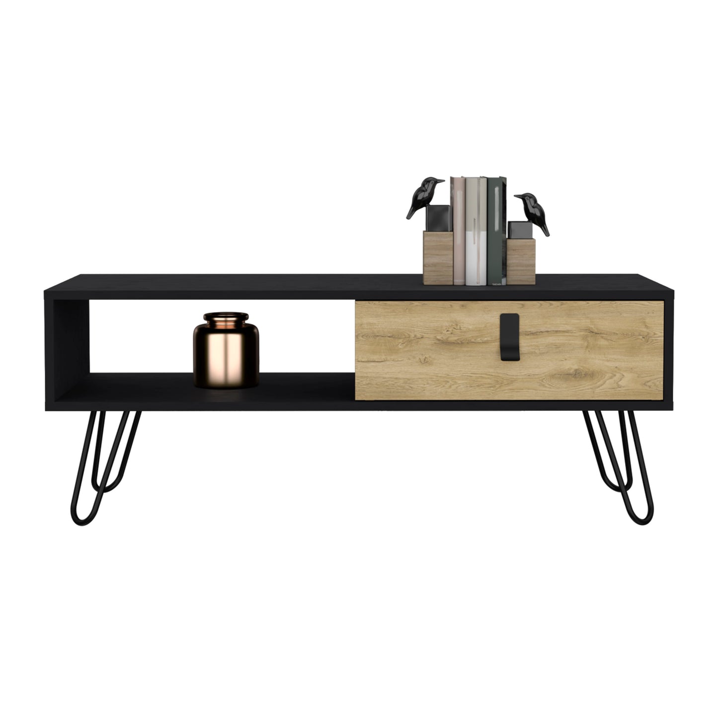 Modern black tv stand with a wood grain drawer and hairpin legs