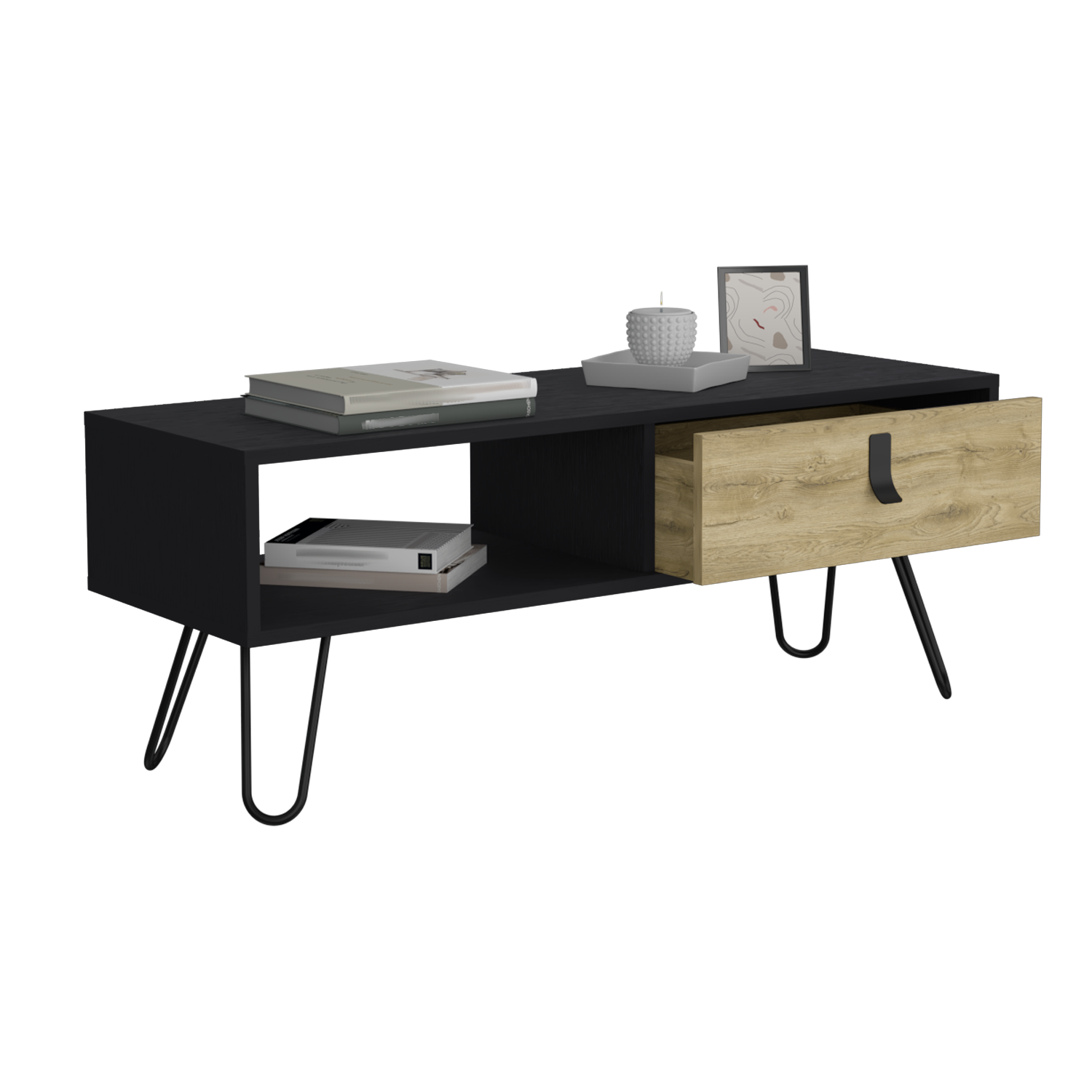 Modern black coffee table with open shelf and wood drawer on hairpin legs