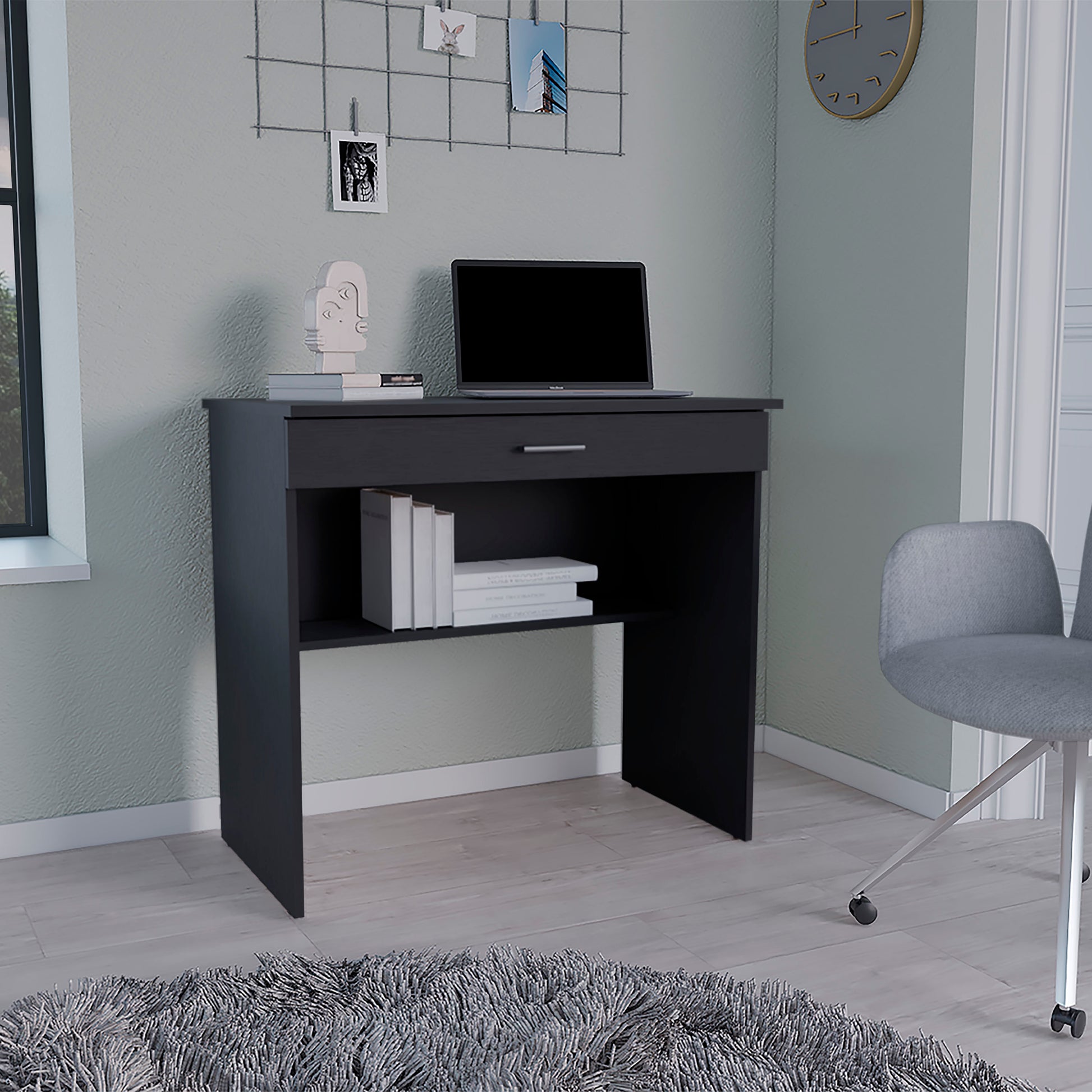 Dark grey compact desk with a drawer and open shelf ideal for small spaces
