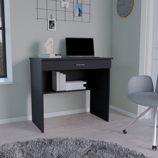 Dark grey compact desk with a drawer and open shelf ideal for small spaces