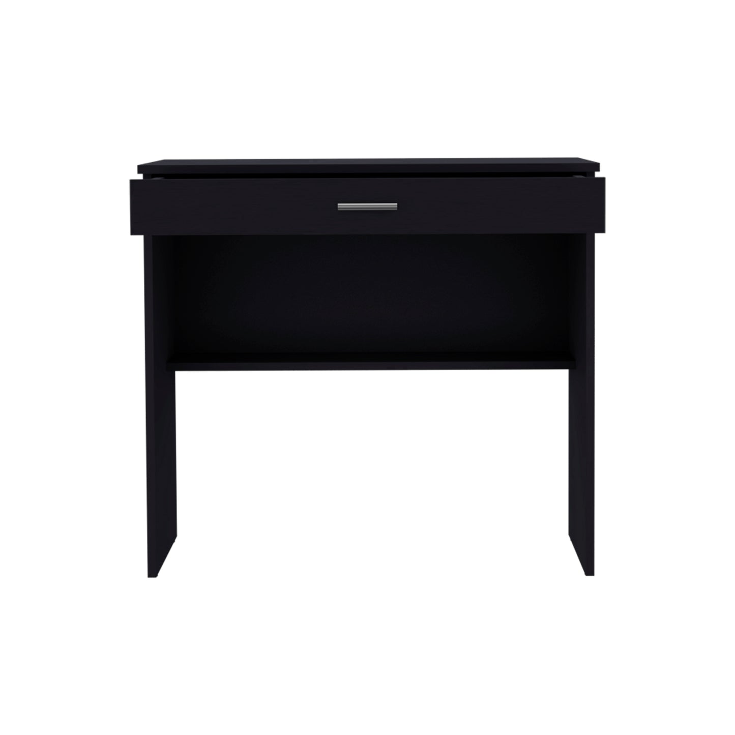 Sleek black side table with one drawer and open shelf for storage