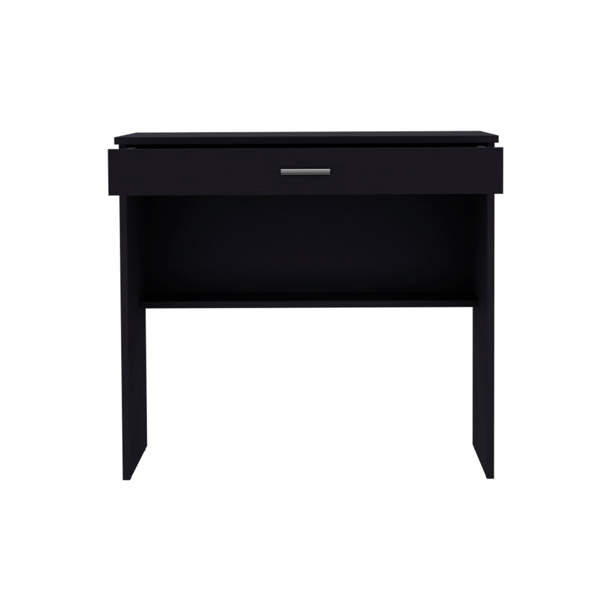 Sleek black side table with one drawer and open shelf for storage