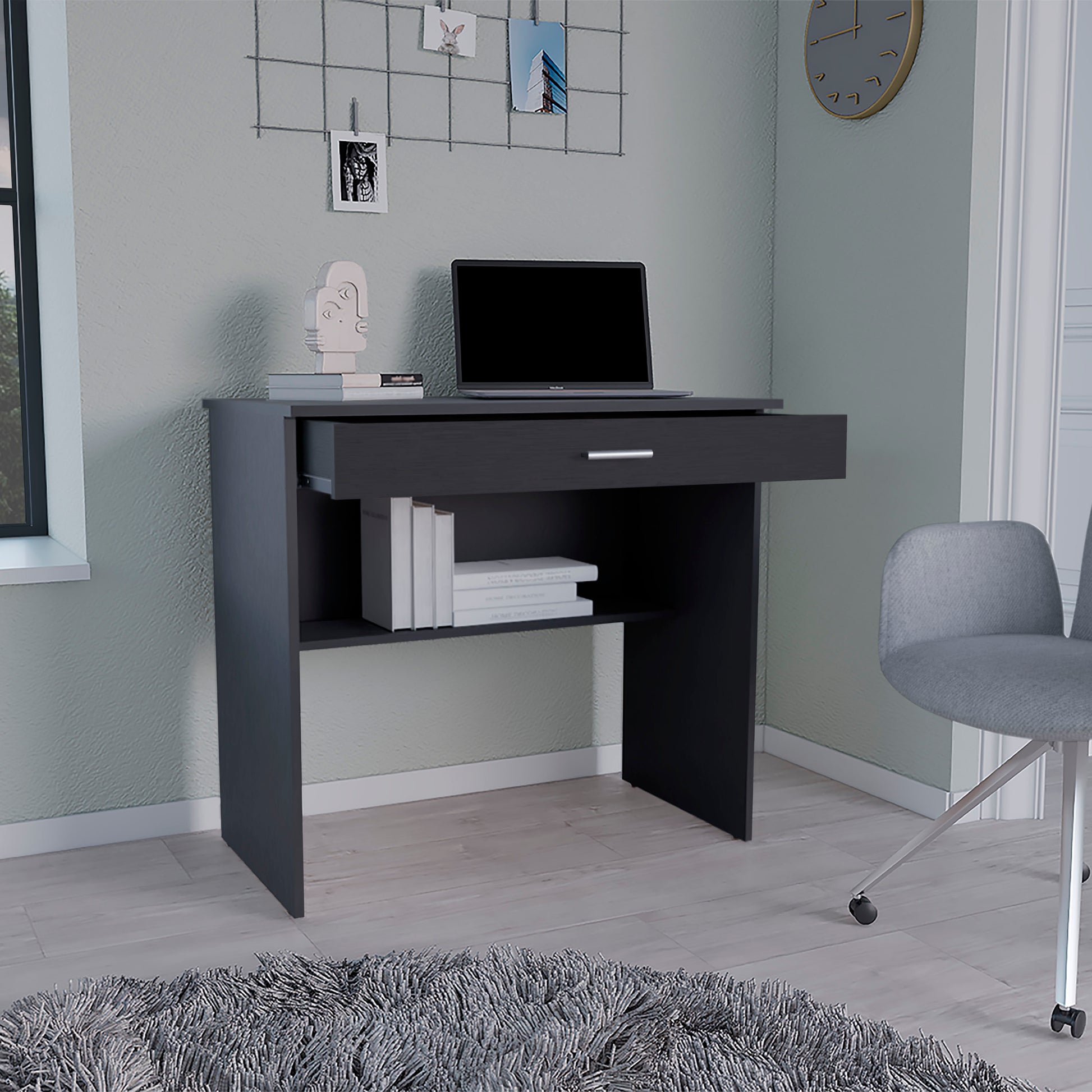Compact dark gray writing desk with open shelf and drawer ideal for small spaces