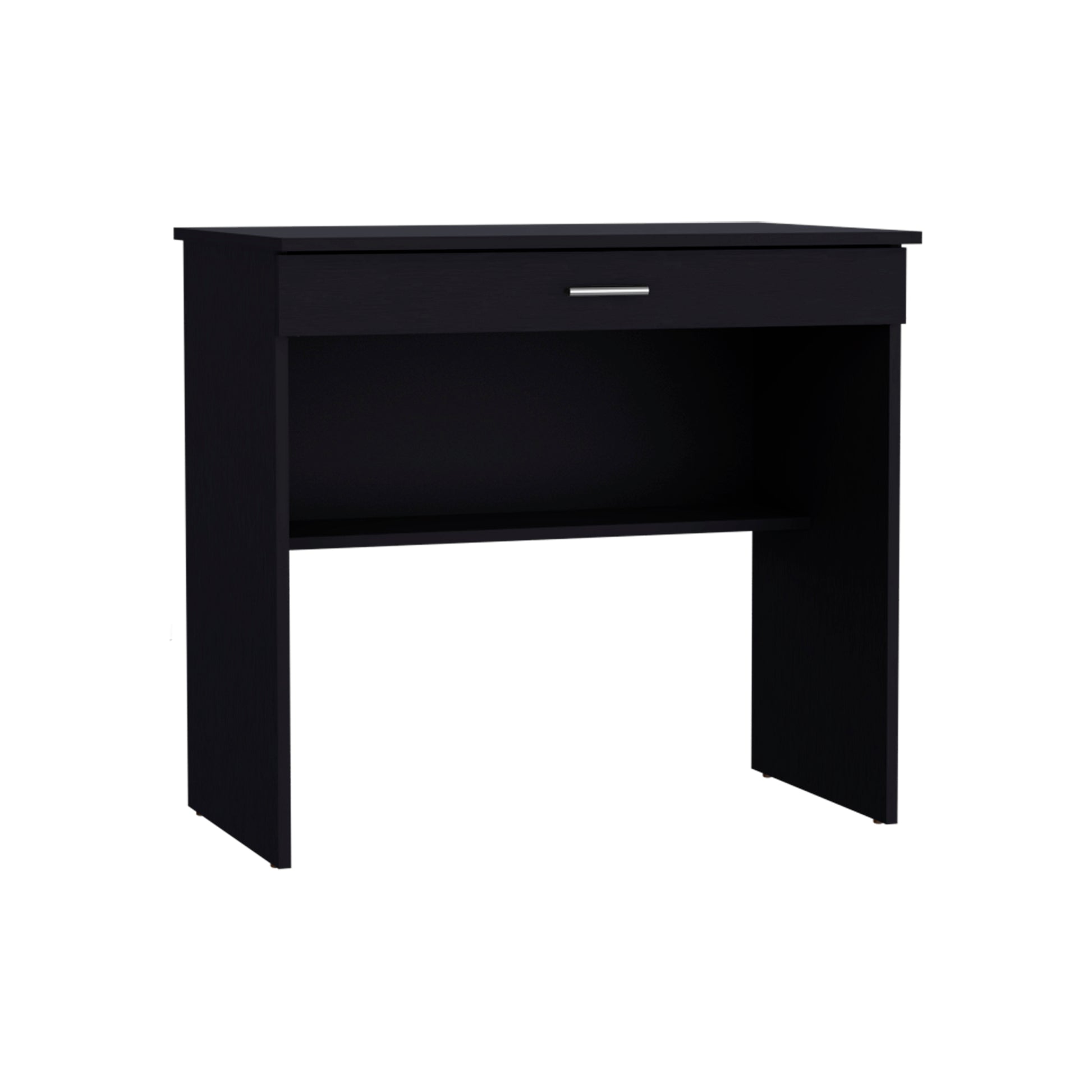 Sleek black modern desk with one drawer and an open shelf