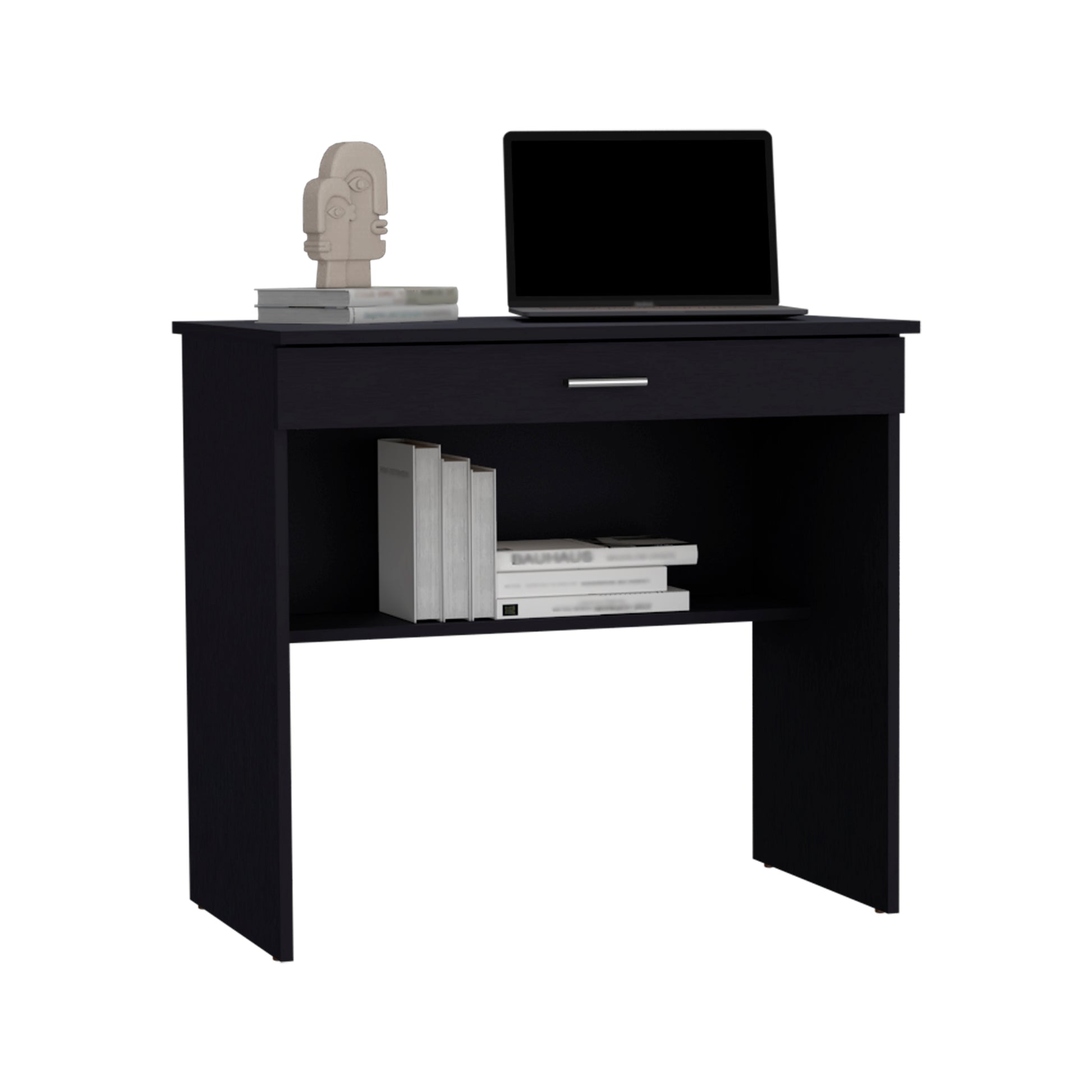 Black modern writing desk with open shelf and drawer
