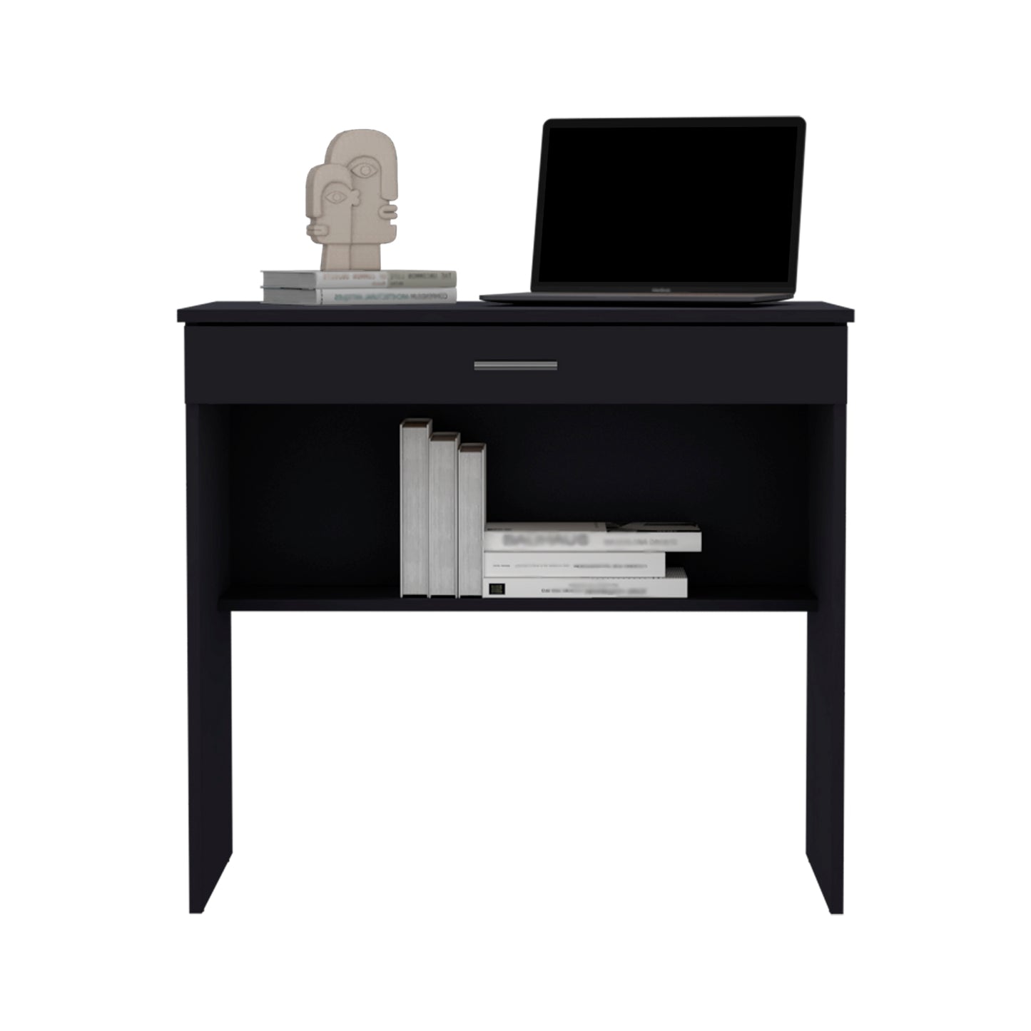 Black minimalist console table with drawer and open shelf holding books and a laptop