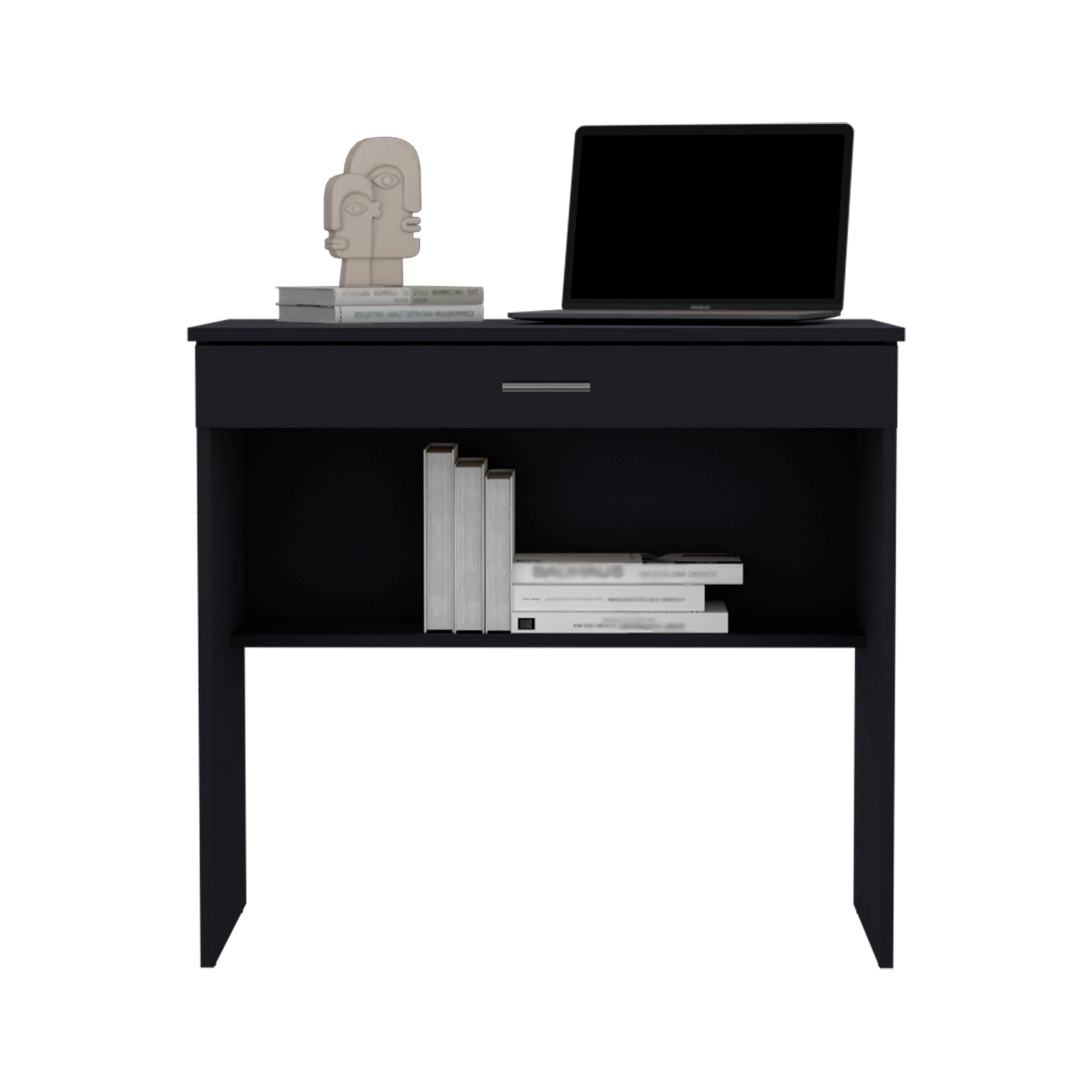 Black minimalist console table with drawer and open shelf holding books and a laptop