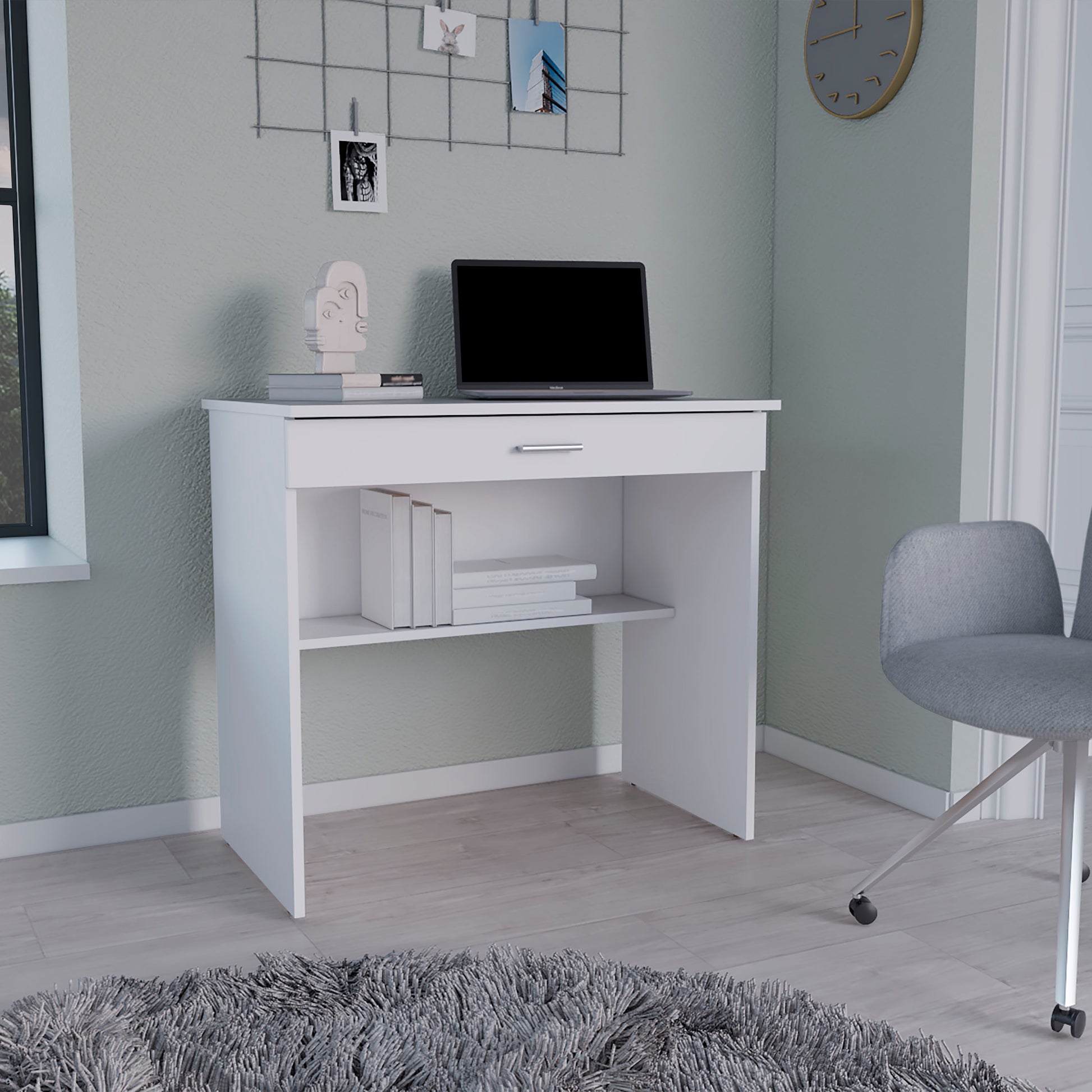 Compact white modern desk with drawer and open shelf for home office