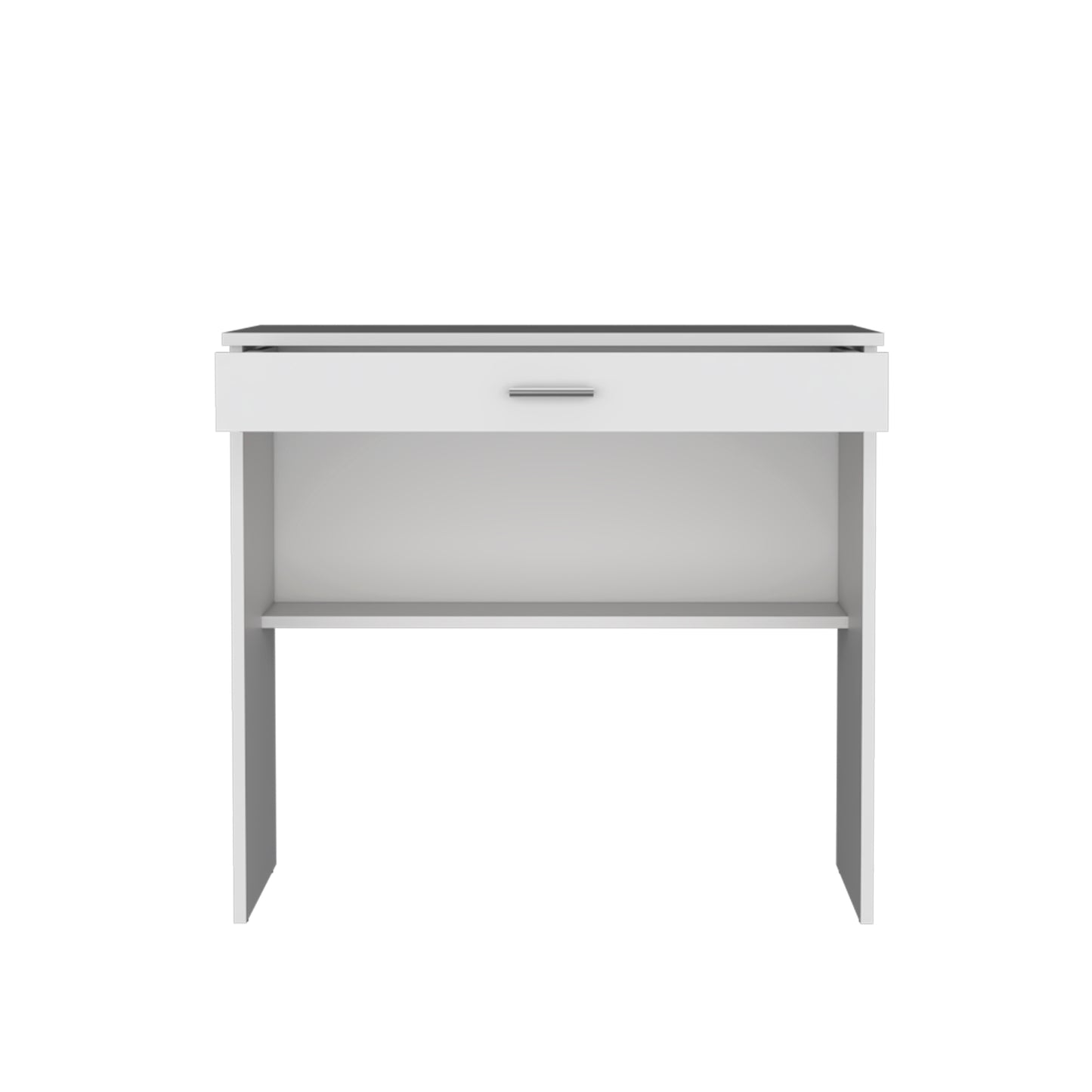 Minimalist white bedside table with a single drawer and open shelf