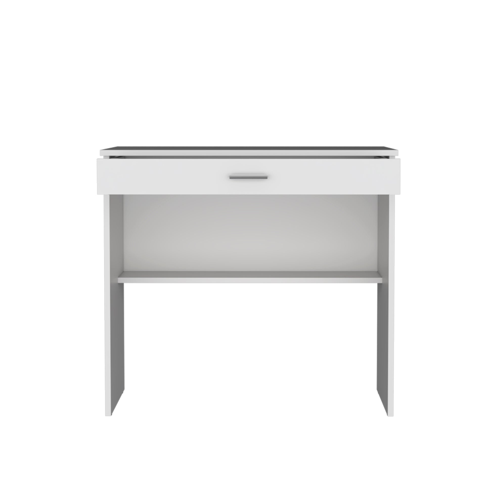 Minimalist white bedside table with a single drawer and open shelf