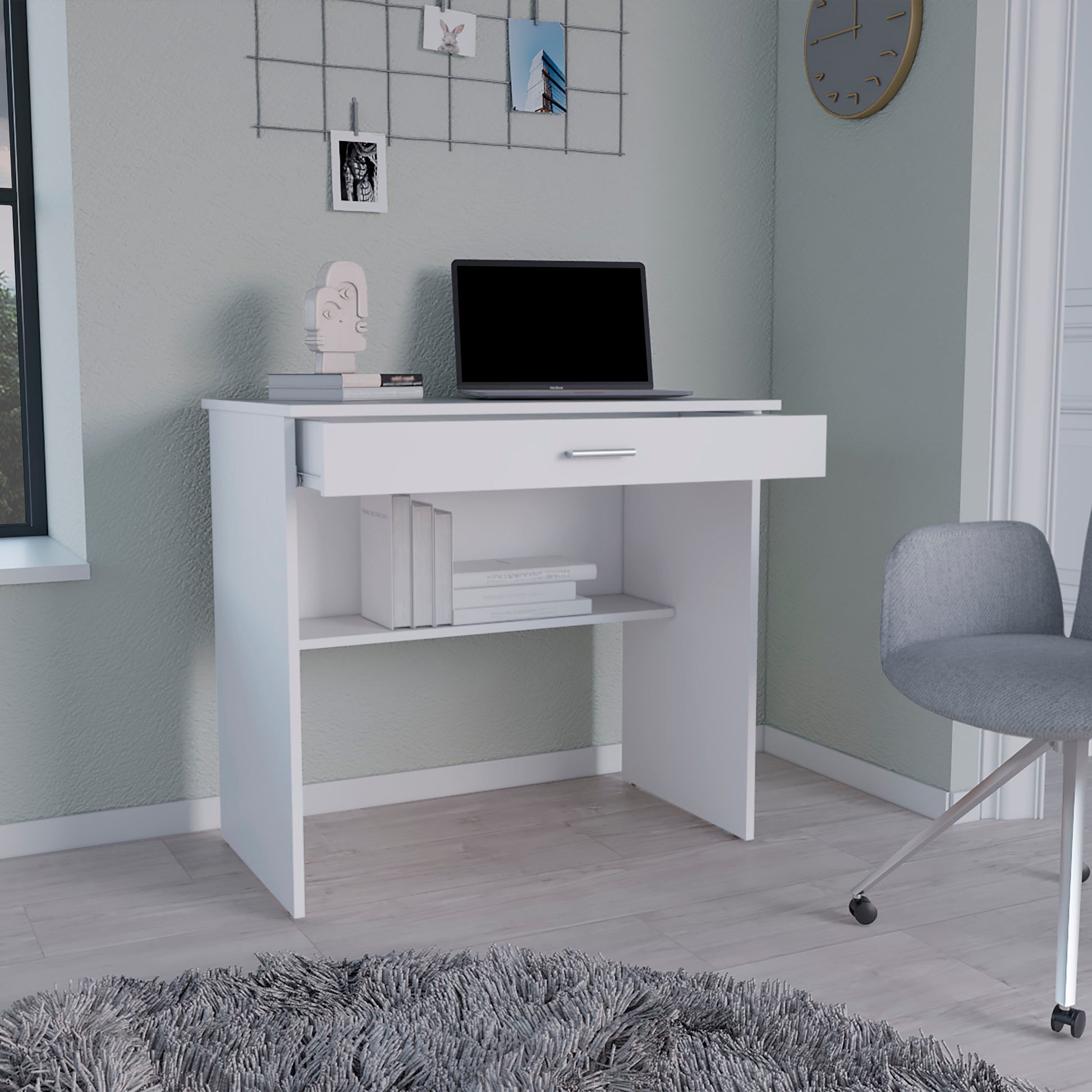 Modern white student desk with open shelf and drawer ideal for home office setup