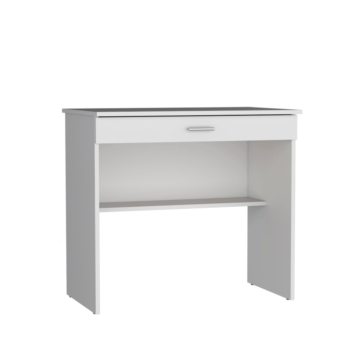 Modern white desk with a single drawer and an open shelf for storage