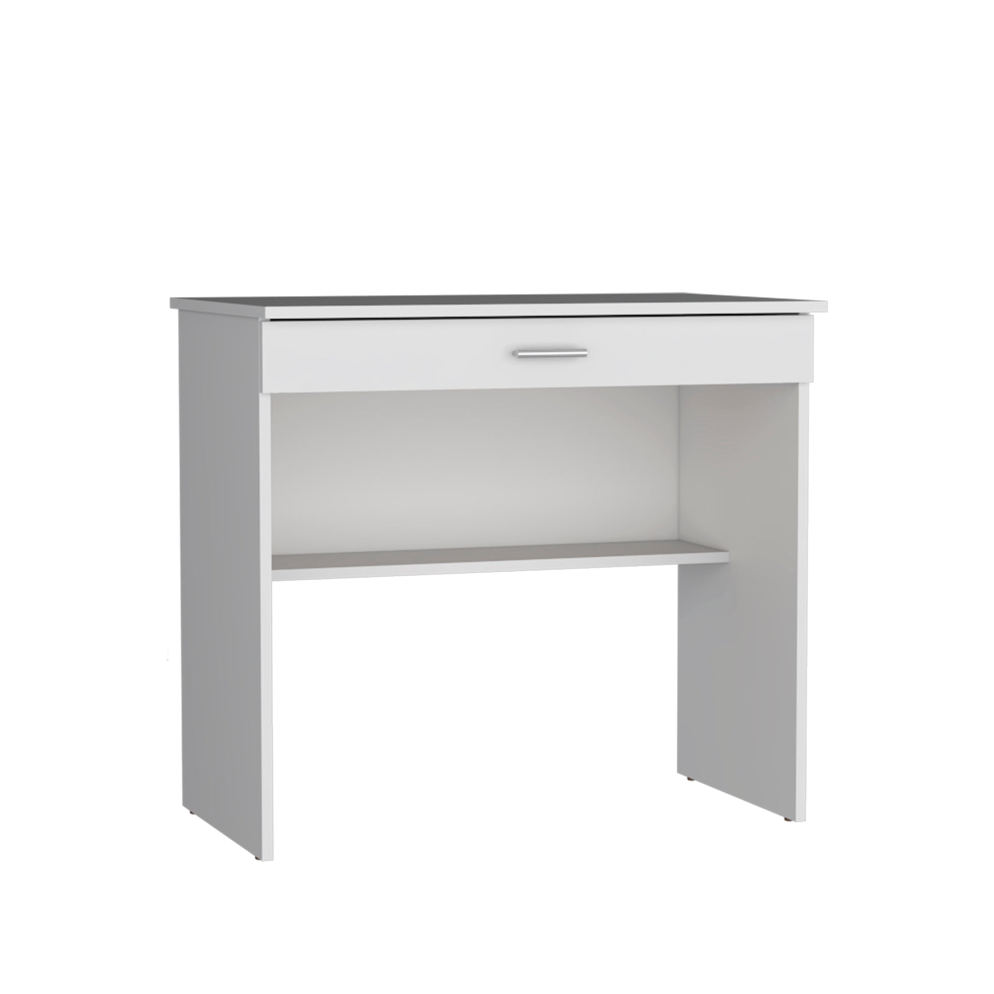 Modern white desk with a single drawer and an open shelf for storage
