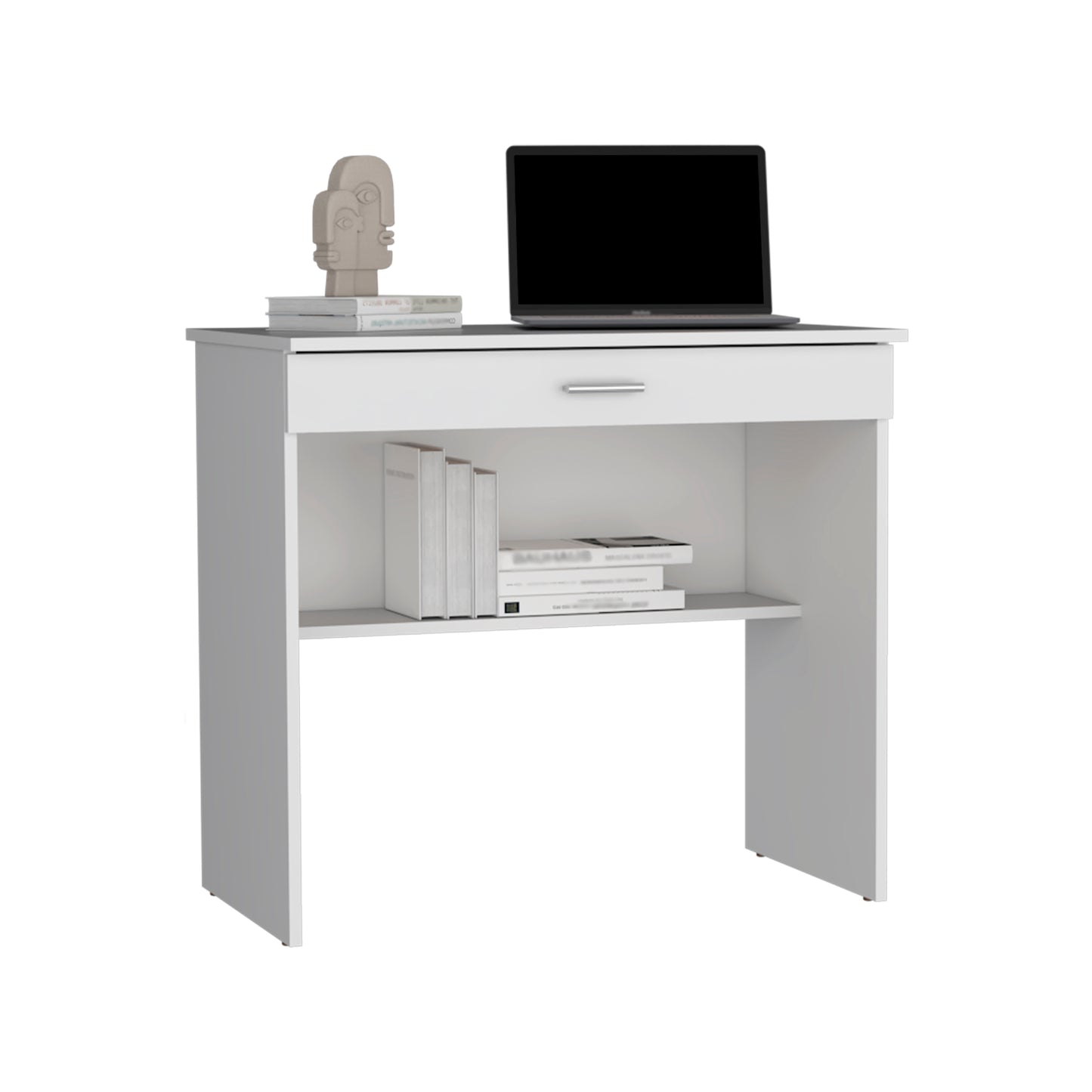 Compact white writing desk with a drawer and open shelf ideal for small spaces