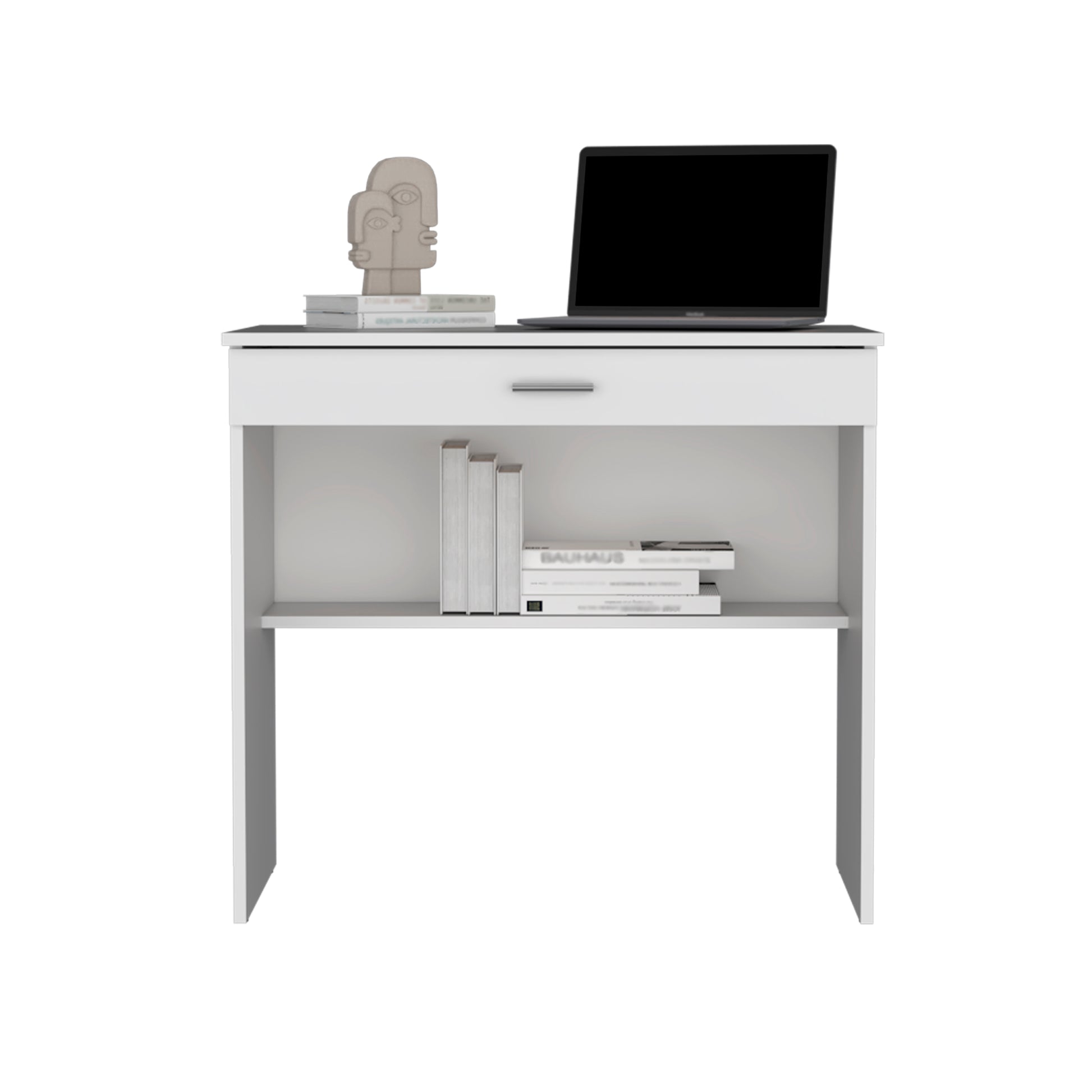 White minimalist desk with laptop and abstract sculpture