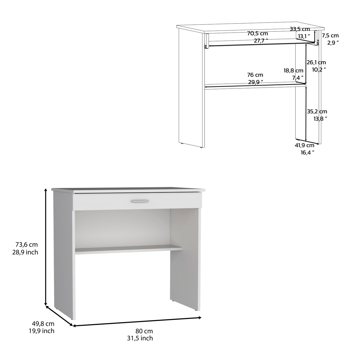 White modern desk with drawer and open shelf for study
