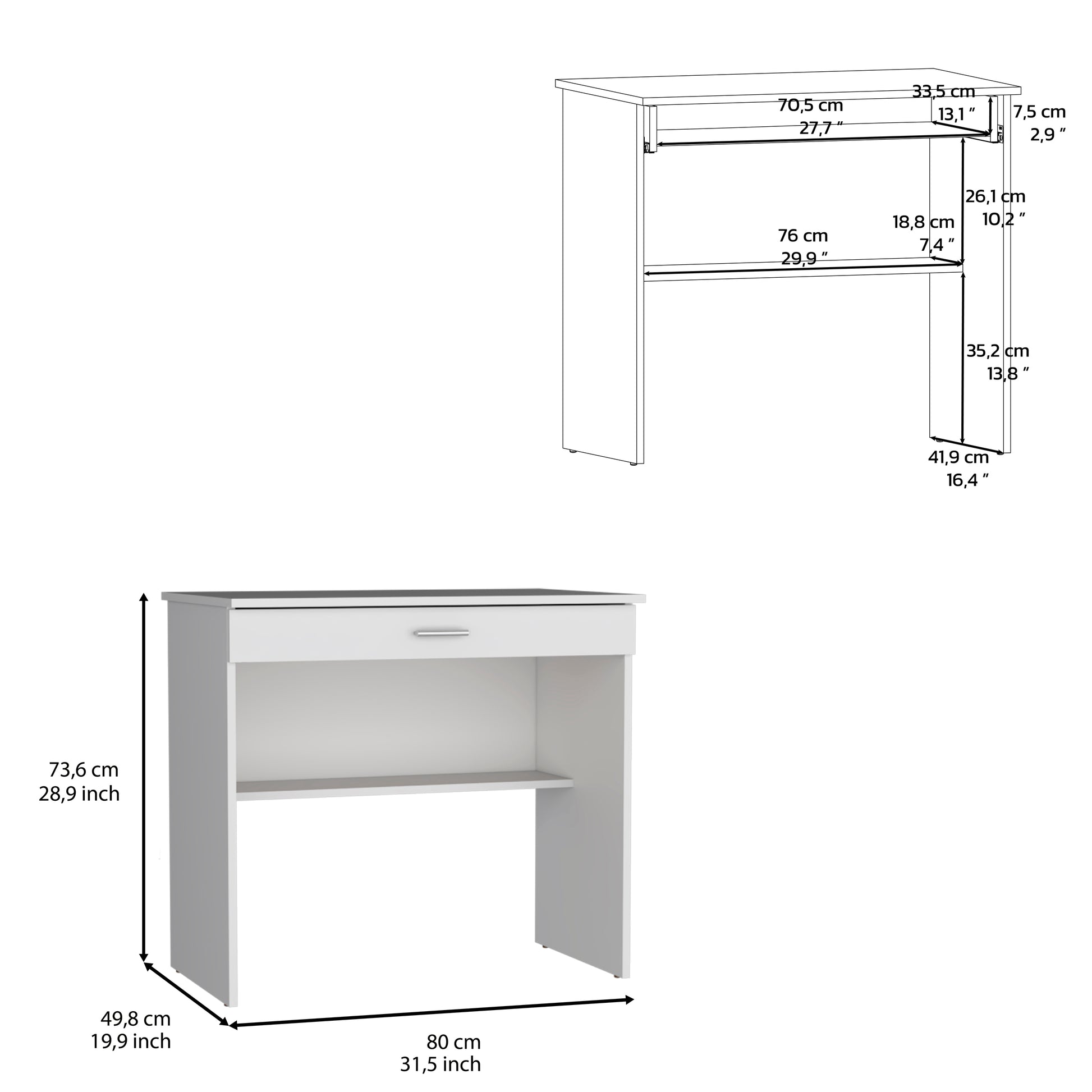 White modern desk with drawer and open shelf for study