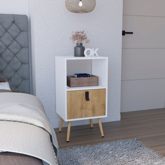 White bedside table with wood drawer and open shelf modern design