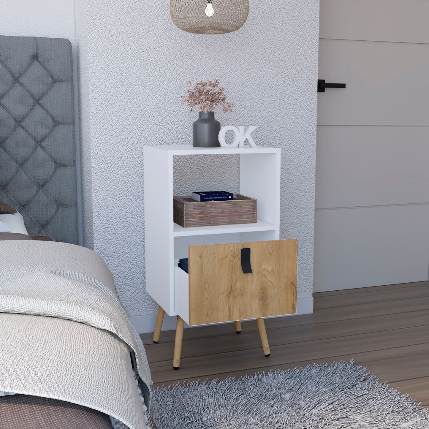 Modern white bedside table with oak drawer and open shelf perfect for bedrooms