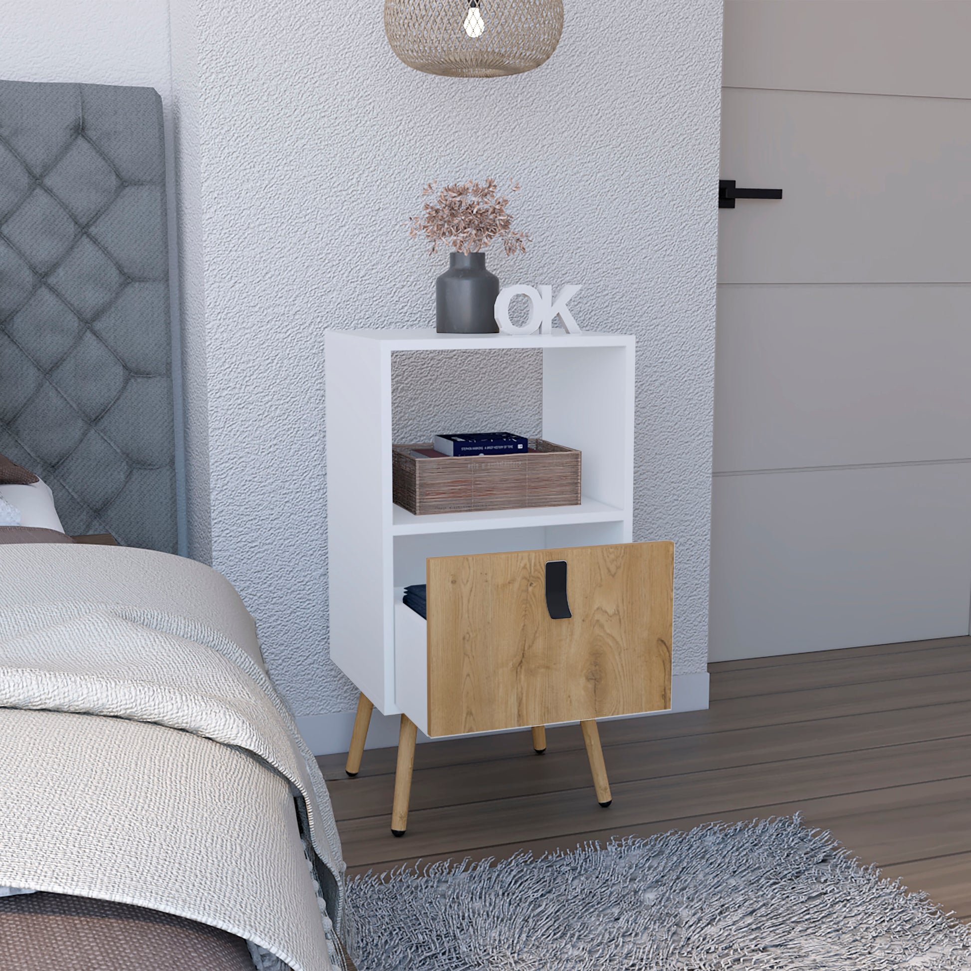 Modern white bedside table with oak drawer and open shelf perfect for bedrooms