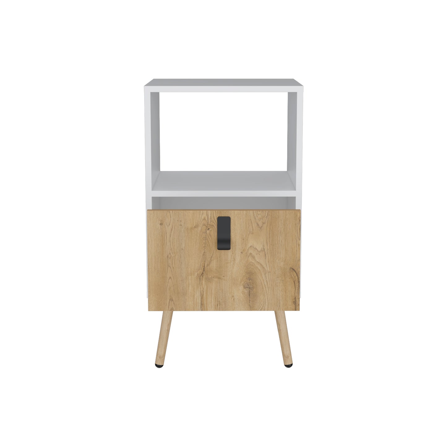 White and wood veneer bedside cabinet with one drawer and open shelf