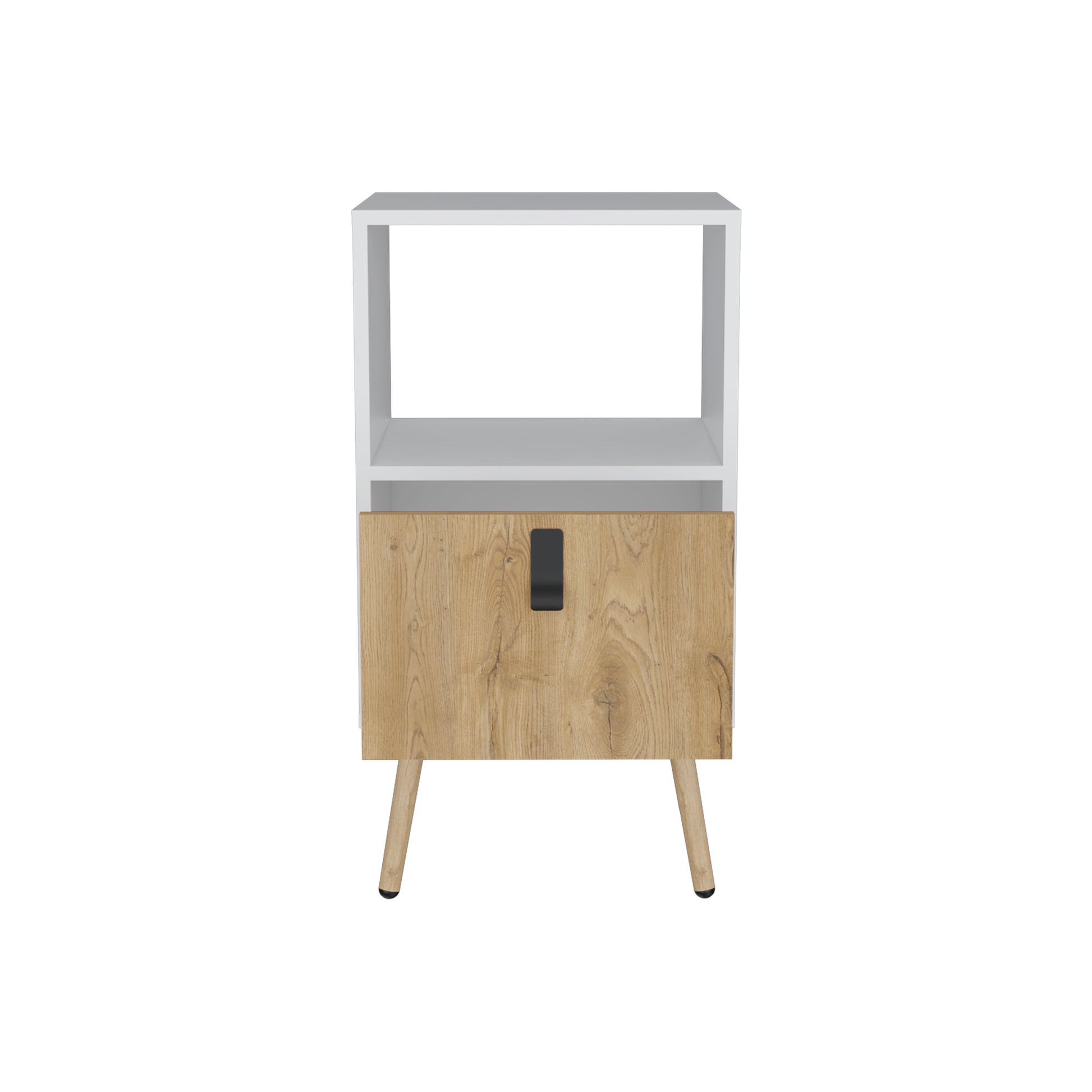 White and wood veneer bedside cabinet with one drawer and open shelf