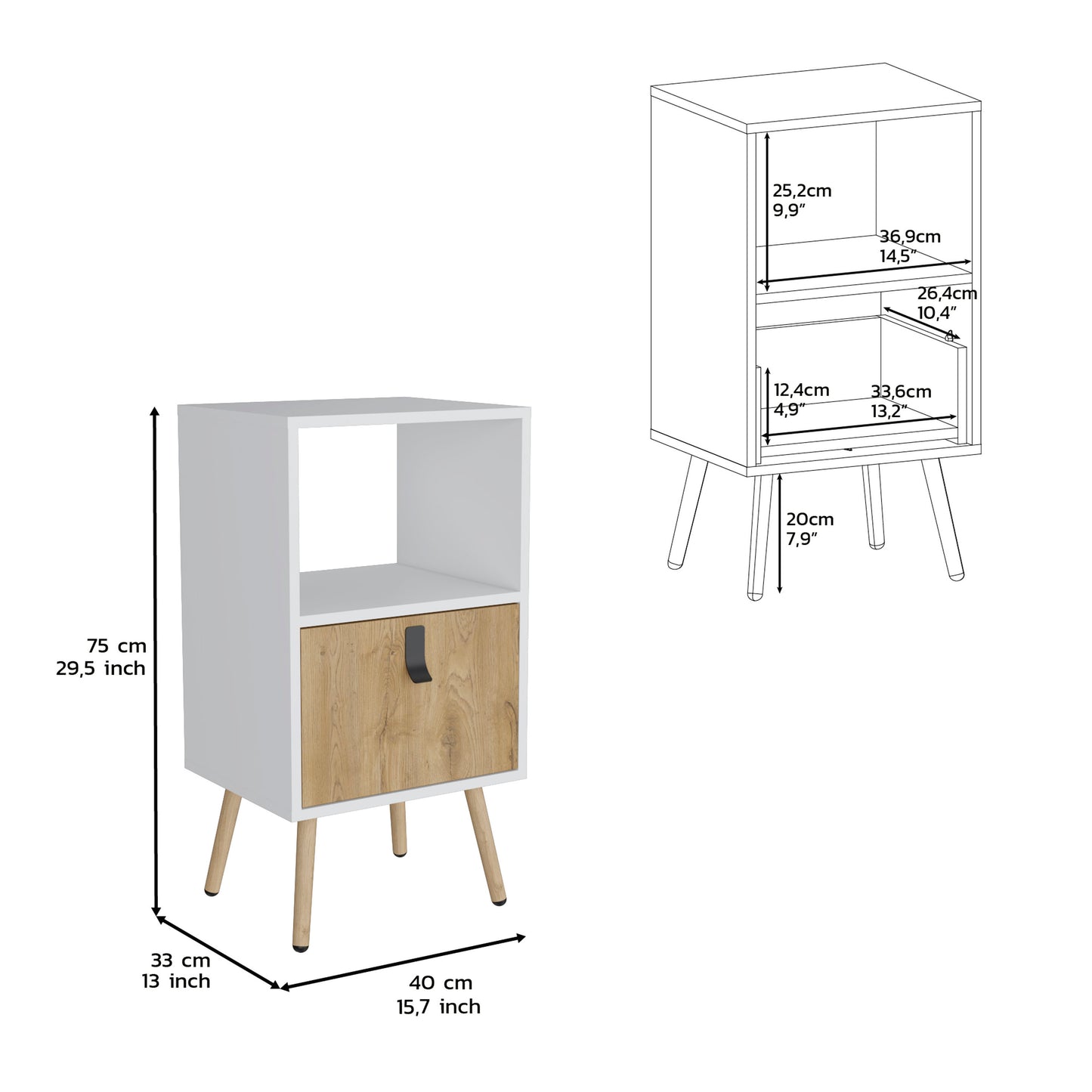 White and wood drawer bedside table with tapered legs modern design