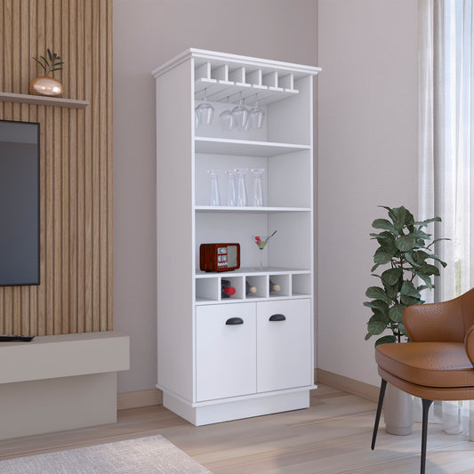 White bar cabinet with glass rack shelves for glasses and wine bottle storage