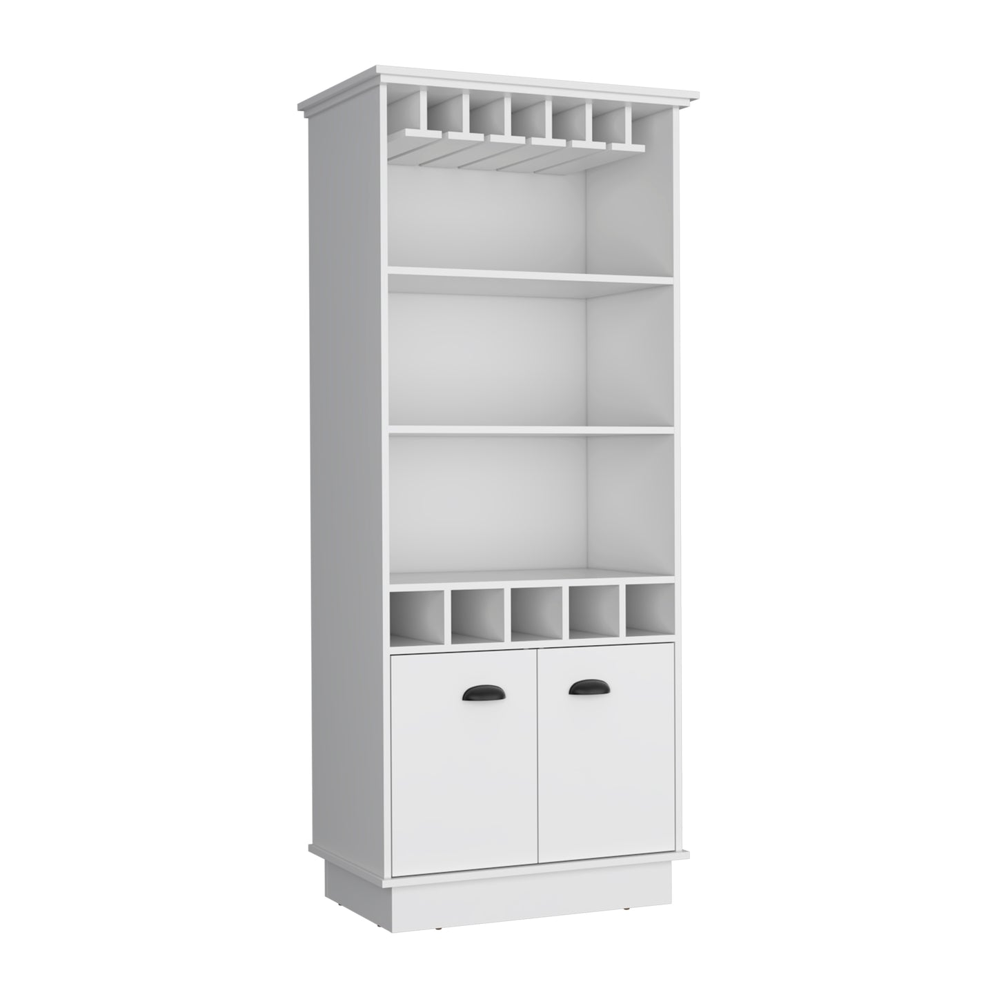 White wood bar cabinet with glass rack shelves and cabinets