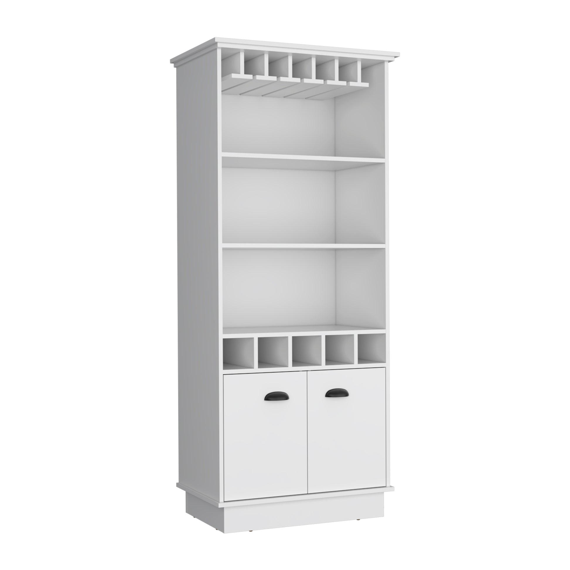 White wood bar cabinet with glass rack shelves and cabinets