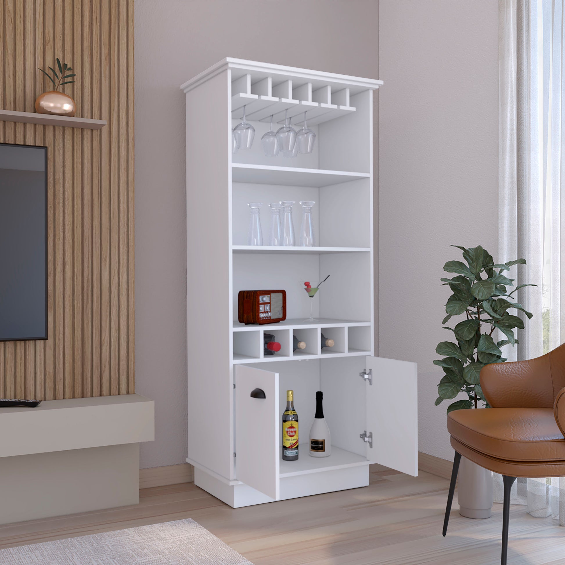 White modern bar cabinet with wine rack and glass holders