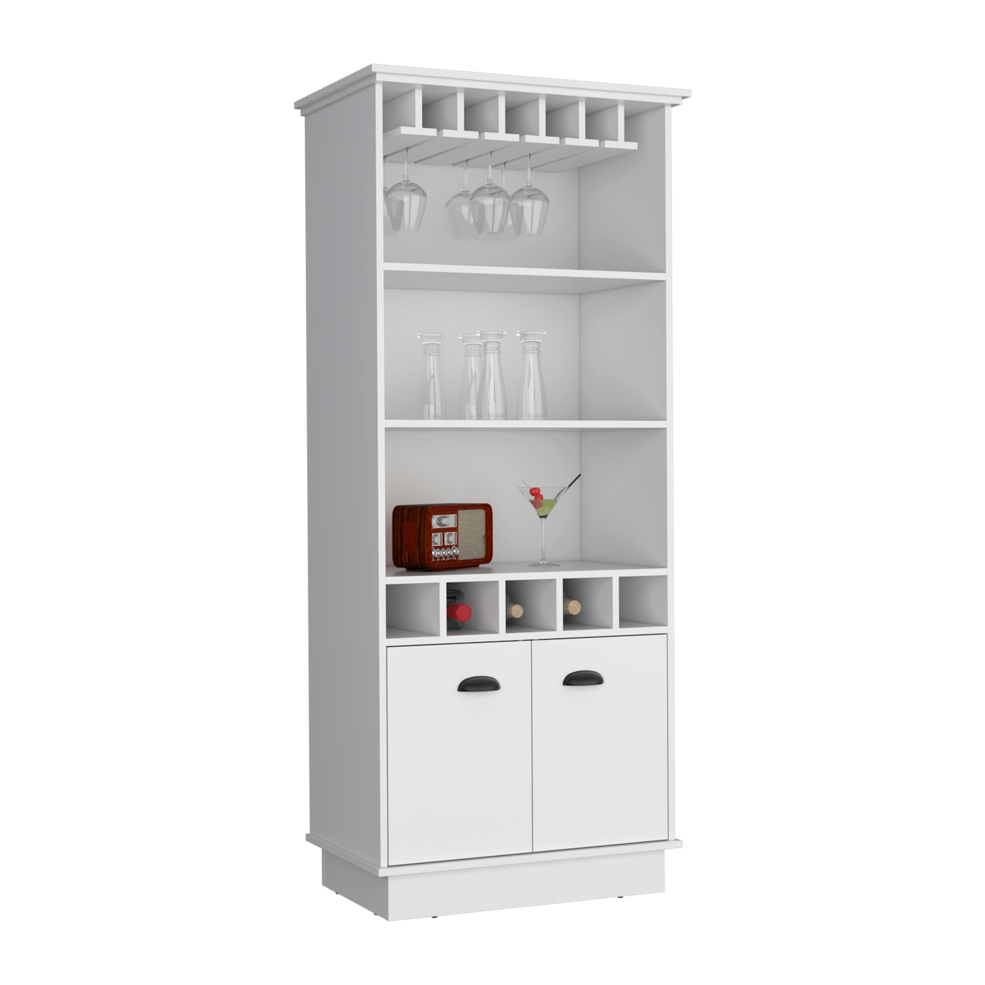 White tall bar cabinet with wine racks glass holders and cabinet storage