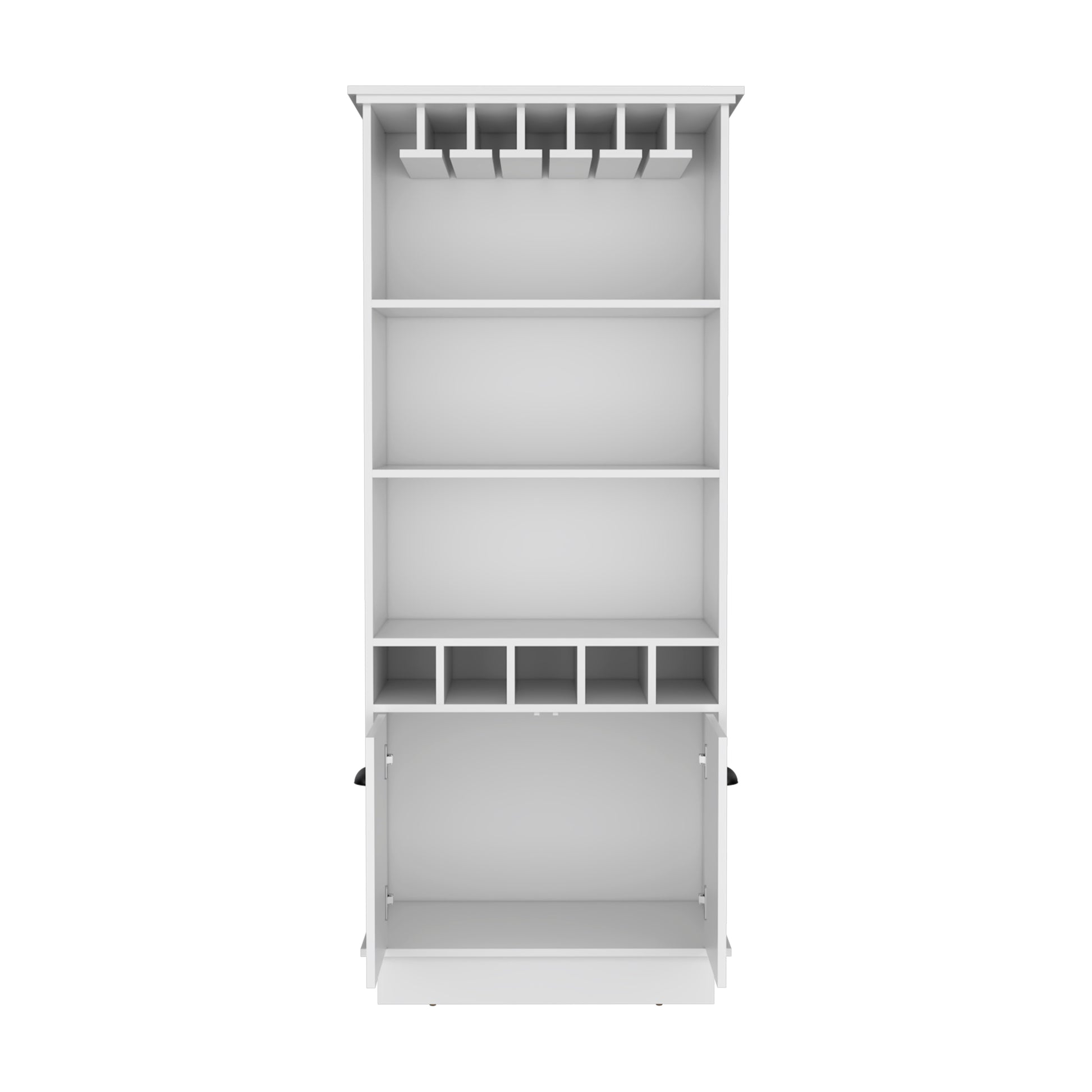 Modern white bar cabinet with glass rack and multiple shelves for drinkware storage