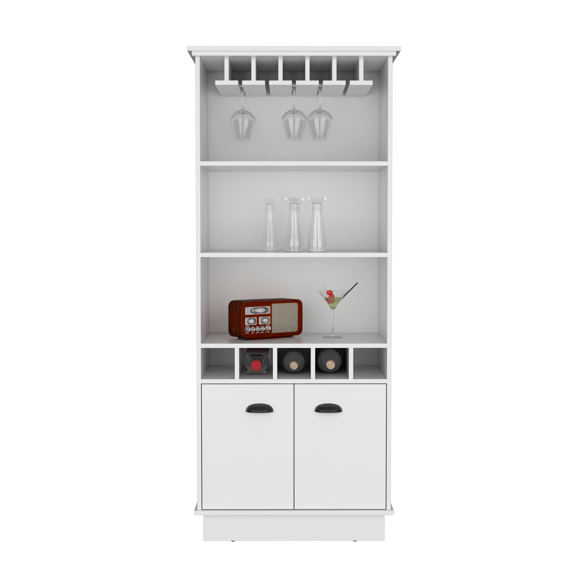 White modern bar cabinet with builtin wine rack and glass holder
