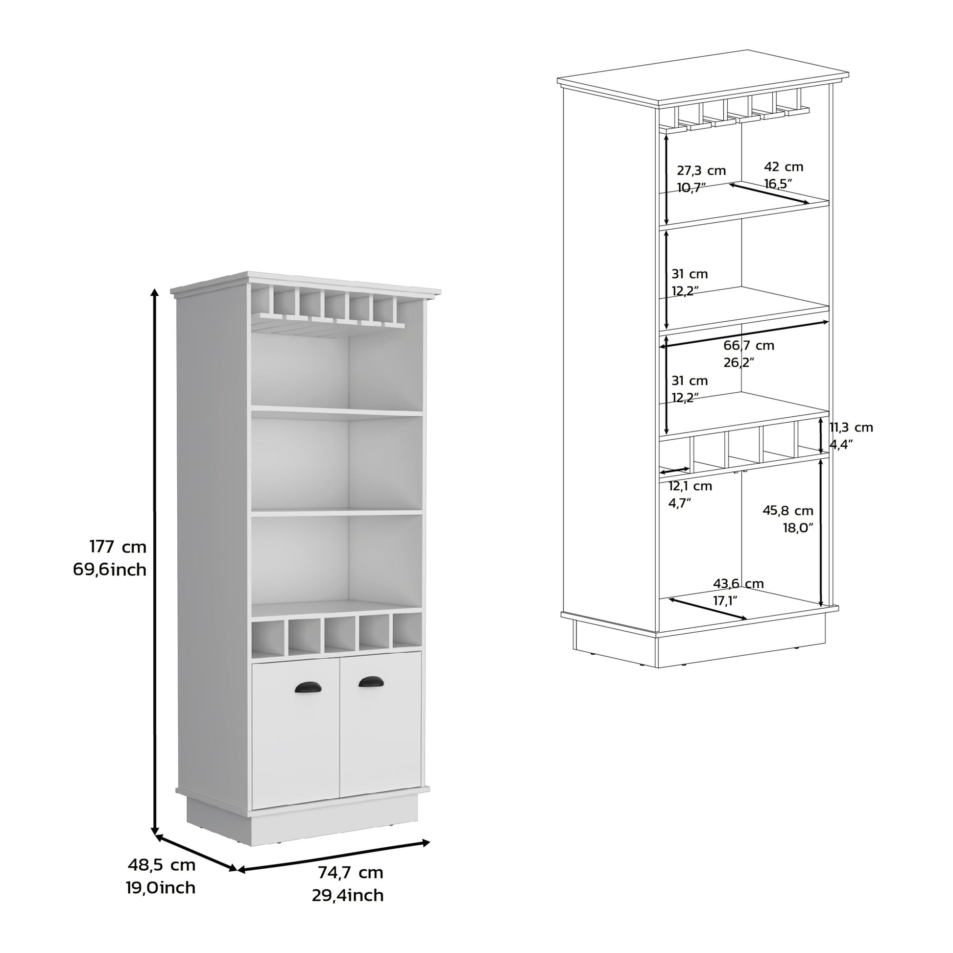 White bar cabinet with wine glass rack shelves and two doors