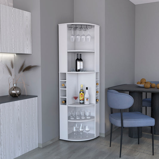 White corner bar cabinet with wine bottle and glass storage