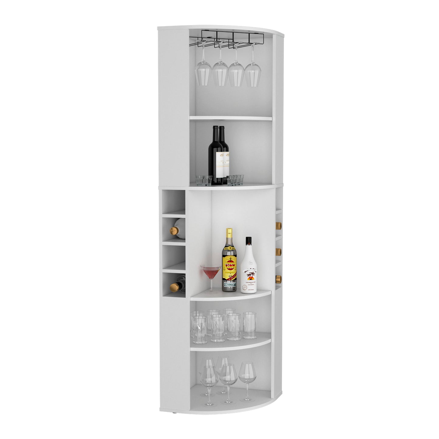 White corner bar cabinet with wine rack hanging glass holders and shelves