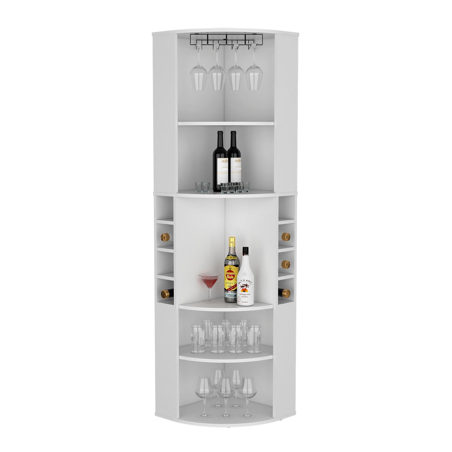 White corner bar cabinet with glass rack and wine bottle storage