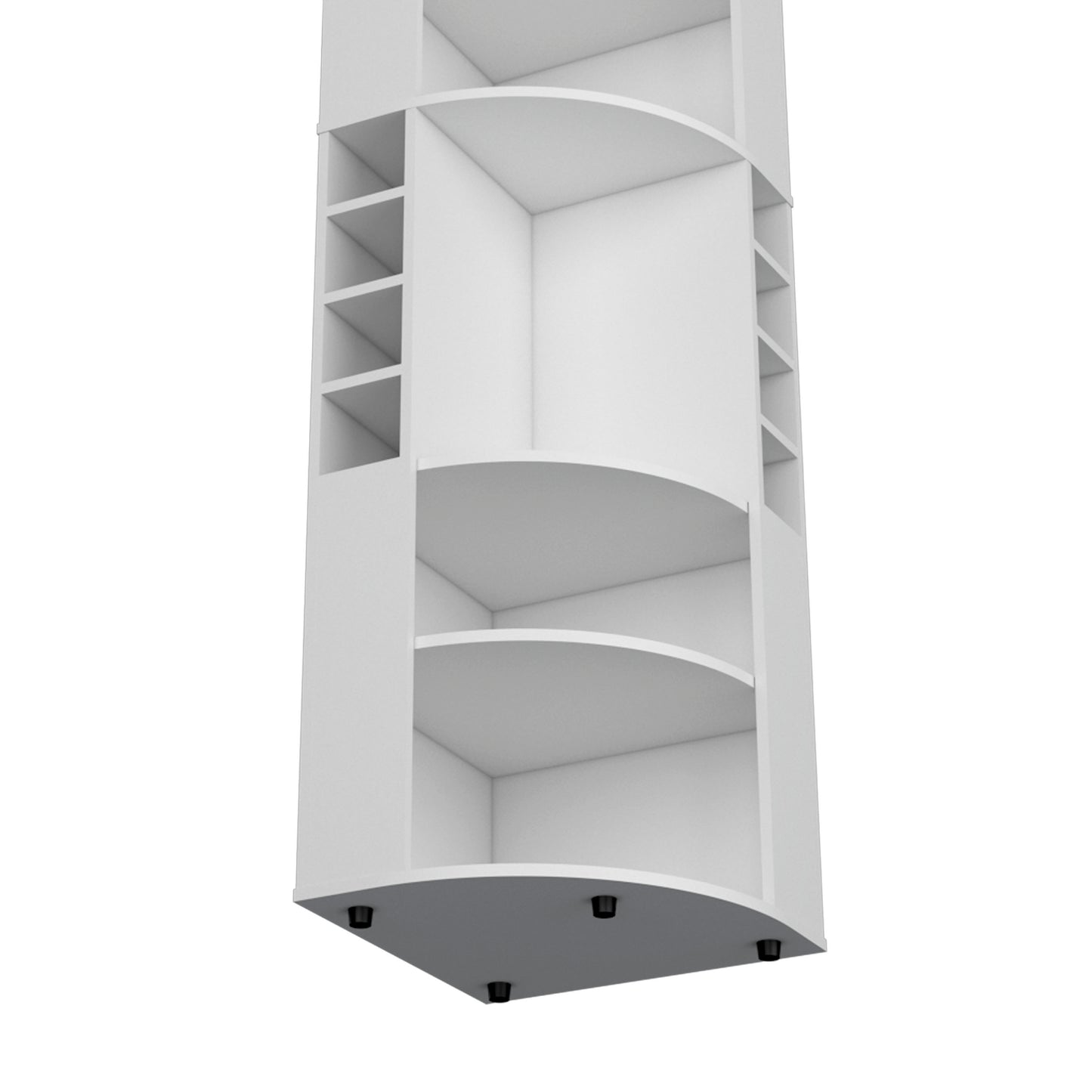 White corner bookshelf with multiple shelves and cubbies for storage