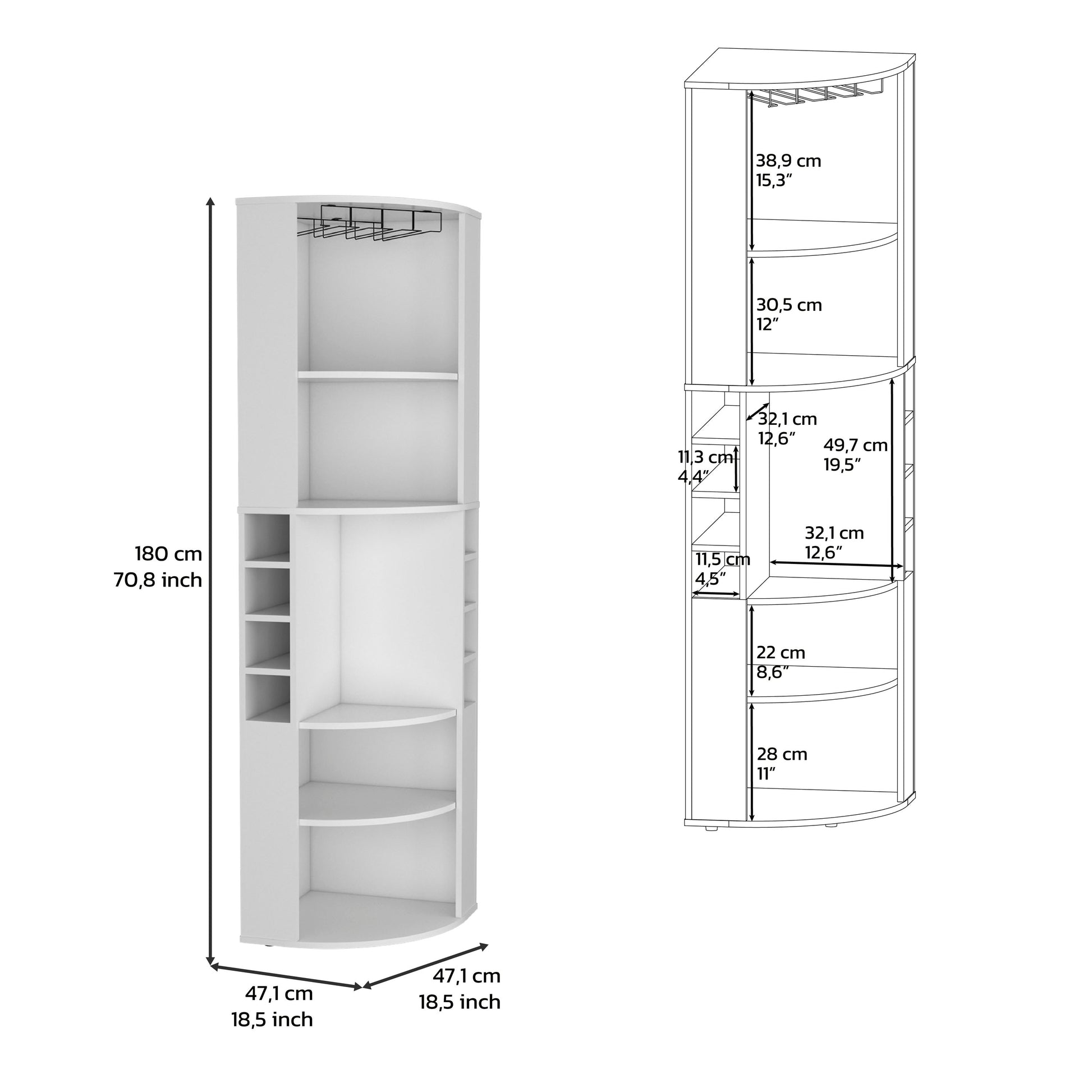 White corner bar cabinet with wine glass rack shelves and bottle storage