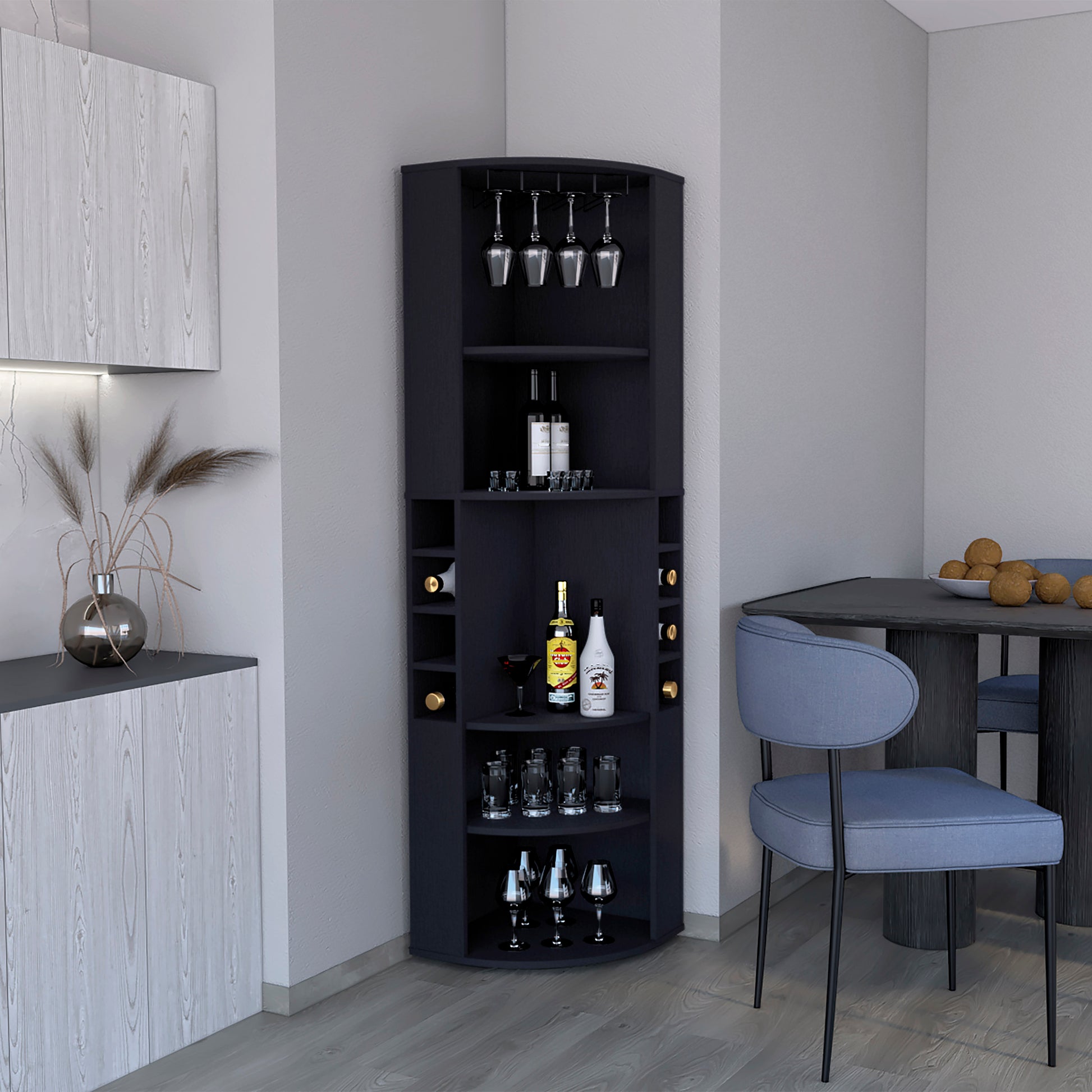 Dark gray corner bar cabinet with wine racks and glass holders