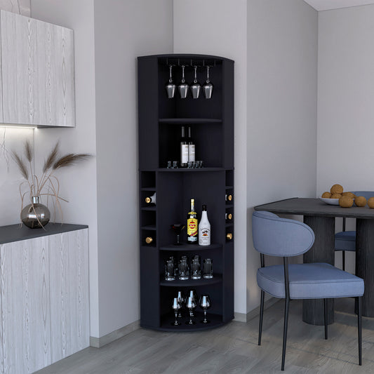 Dark gray corner bar cabinet with wine racks and glass holders