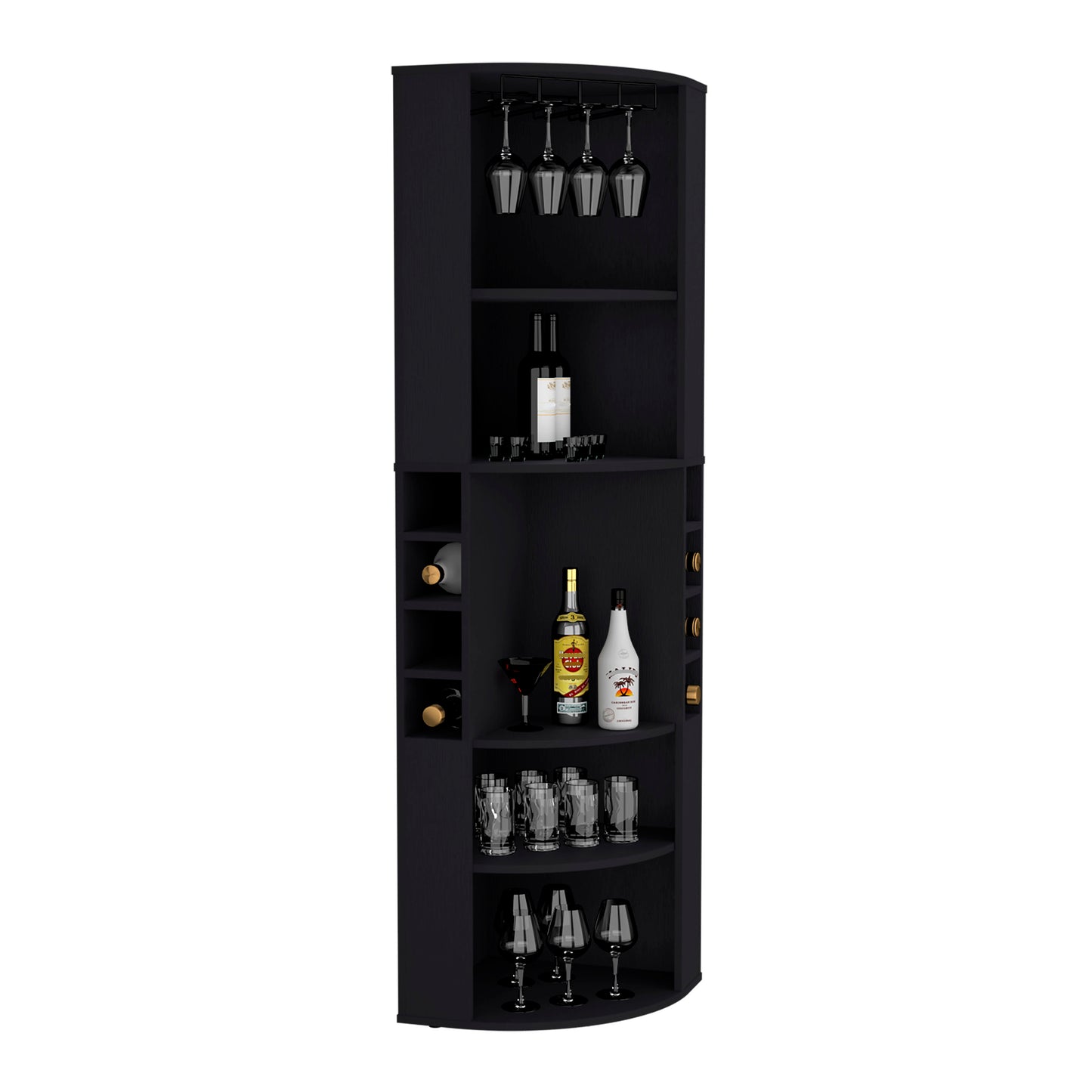 Black corner bar cabinet with stemware rack and multiple shelves for bottles and glasses