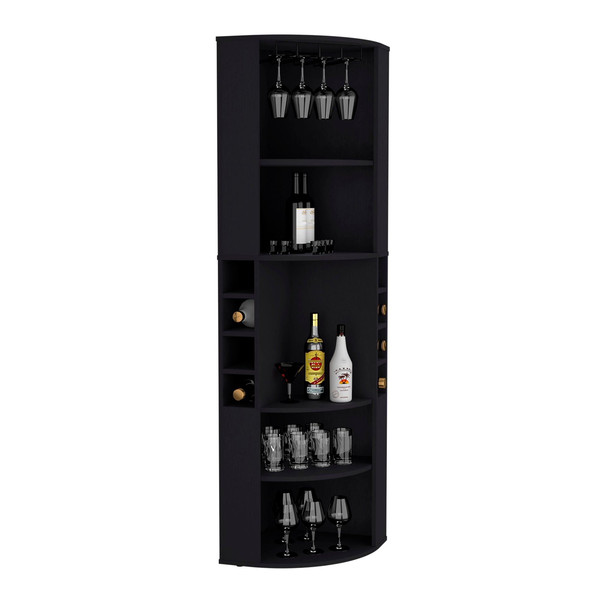 Black corner bar cabinet with stemware rack and multiple shelves for bottles and glasses