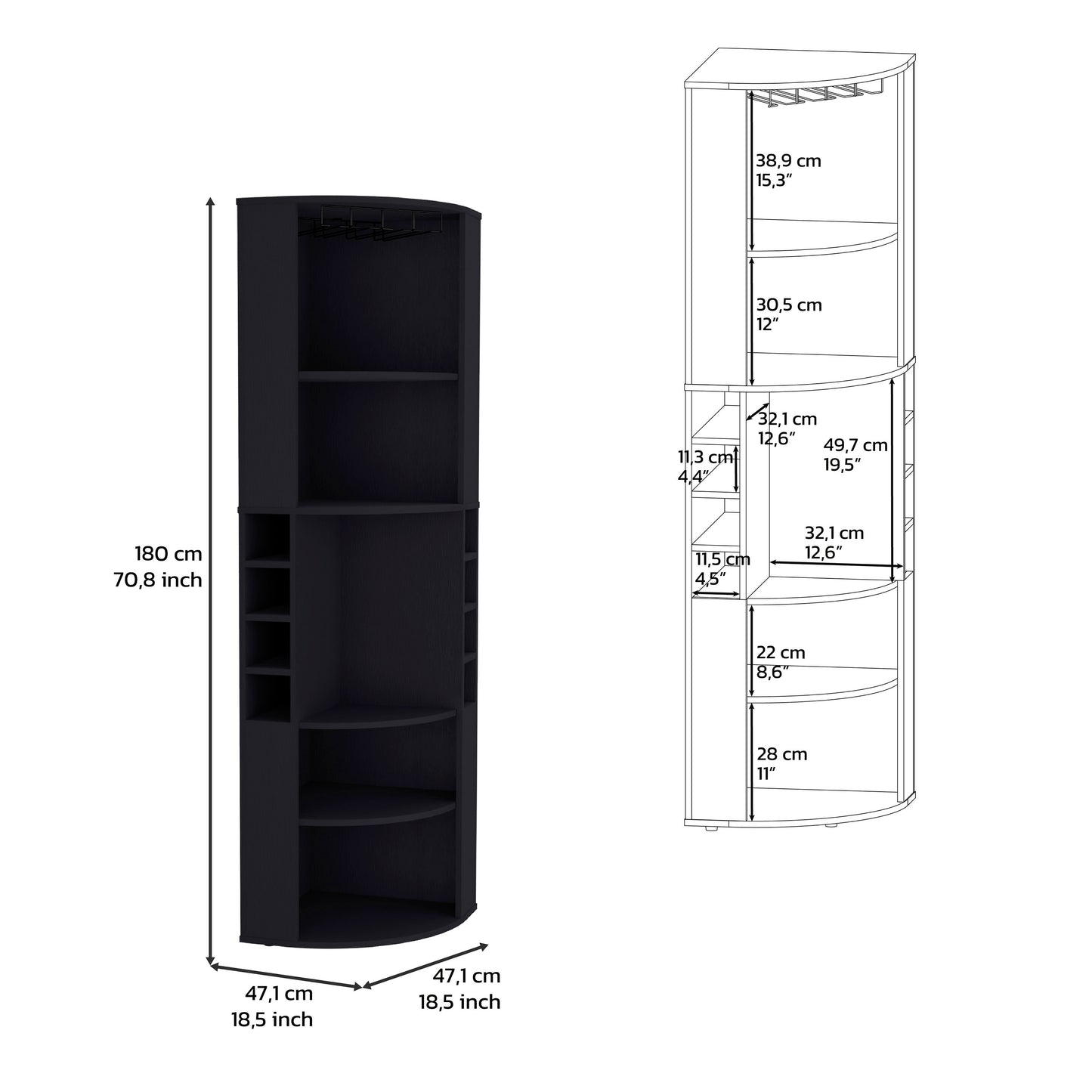 Black corner bar cabinet with wine rack and glass holder