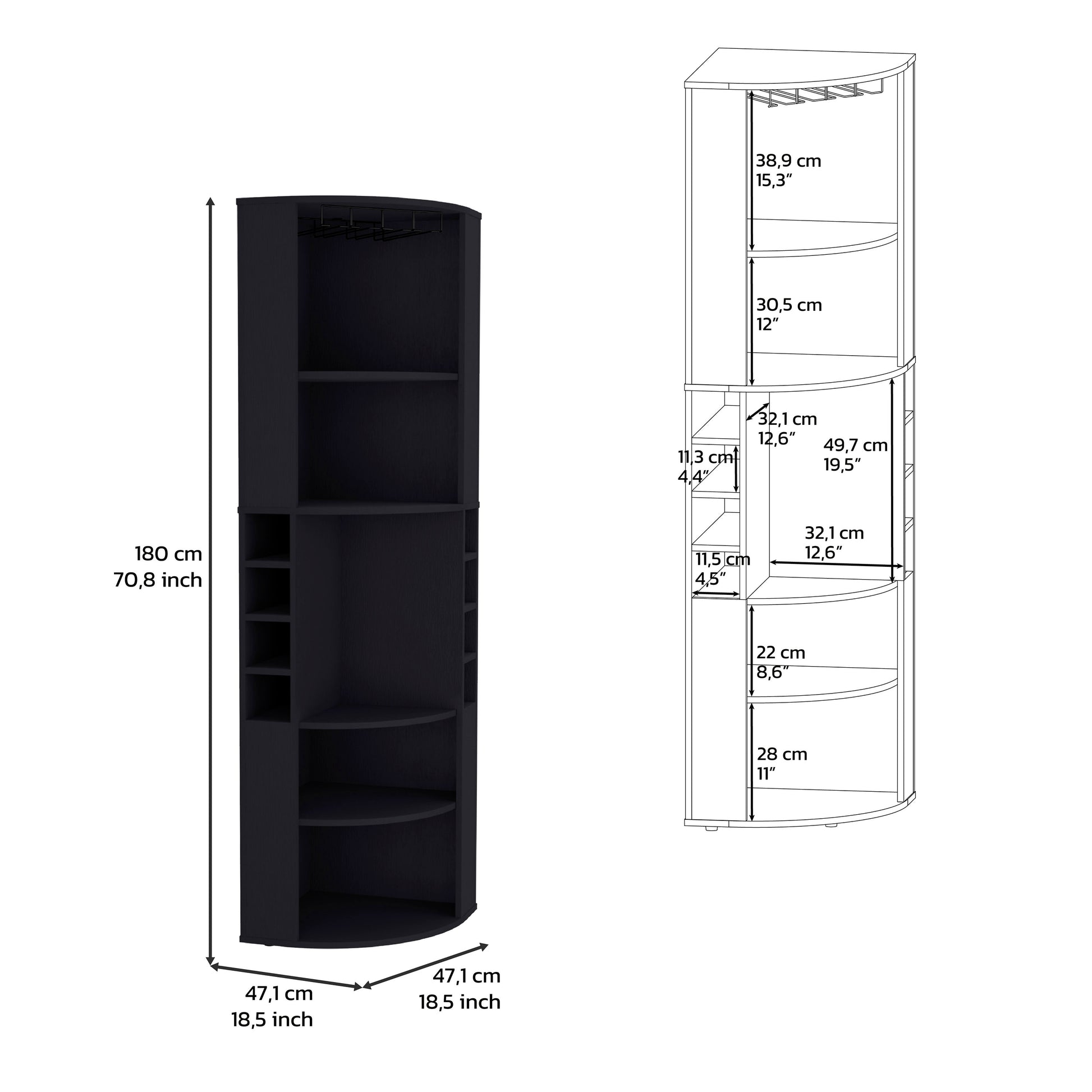 Black corner bar cabinet with wine rack and glass holder