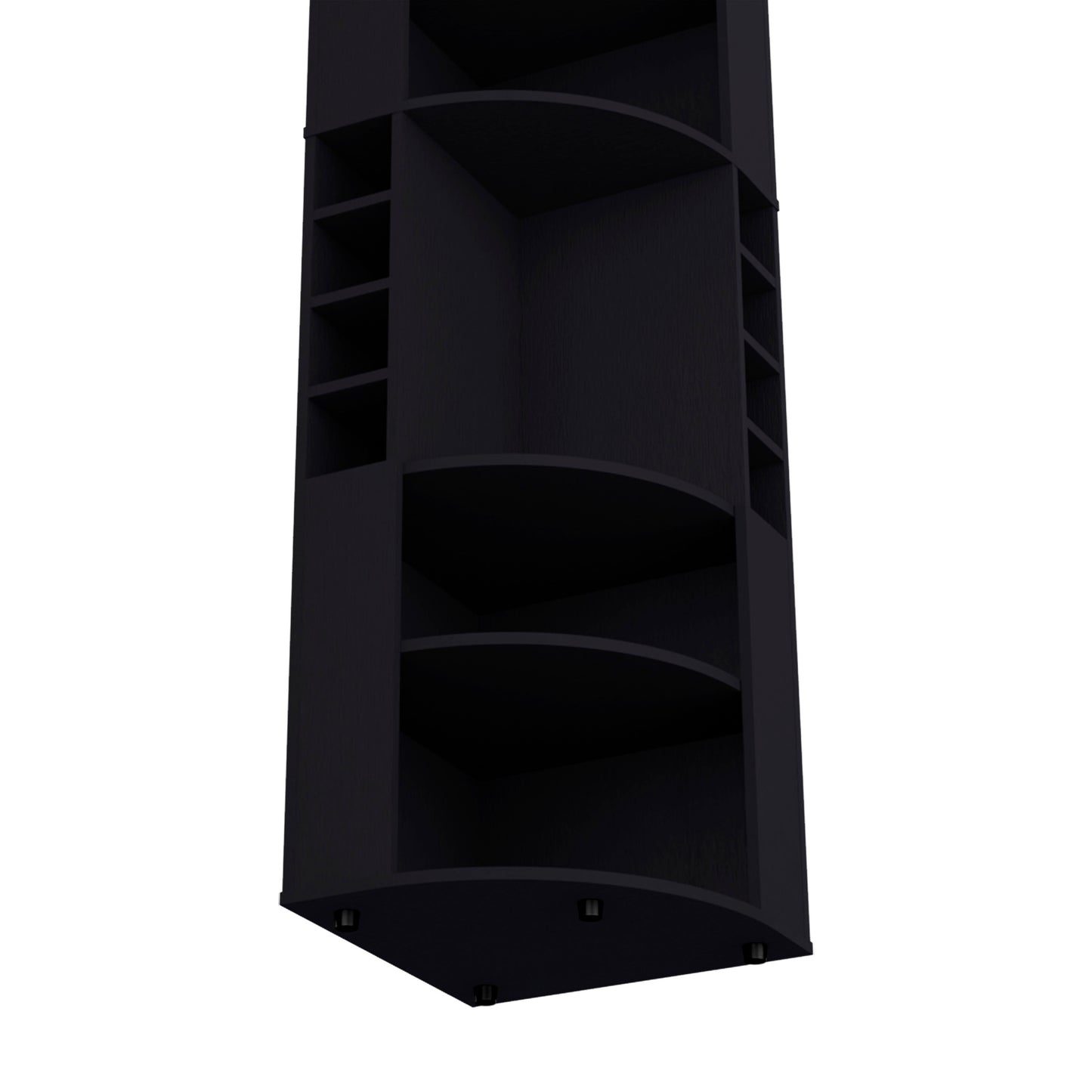 Black corner shelving unit with multiple open compartments and curved shelves