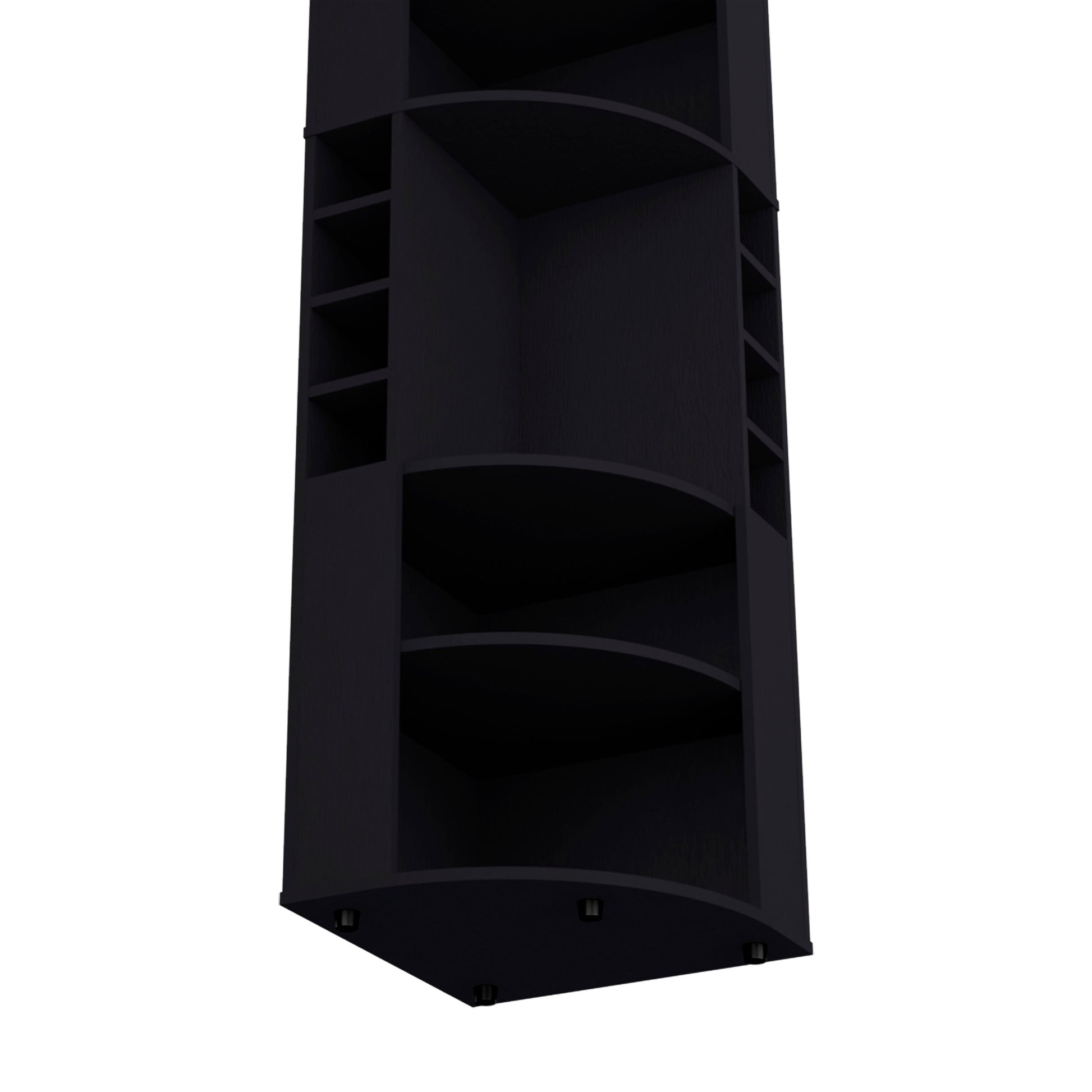 Black corner shelving unit with multiple open compartments and curved shelves